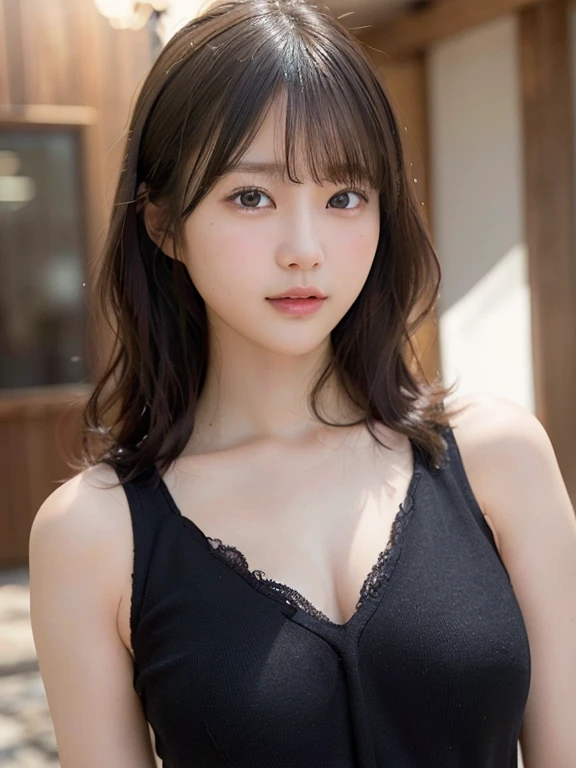 masutepiece, Best Quality, Illustration, Ultra-detailed, finely detail, hight resolution, 8K Wallpaper, Perfect dynamic composition, Beautiful detailed eyes, Natural Lip,White lace tank top bra,Outerwear black leather jacket,Denim Skinny,cleavage,crouching down,Full body,Reflection from head to thigh