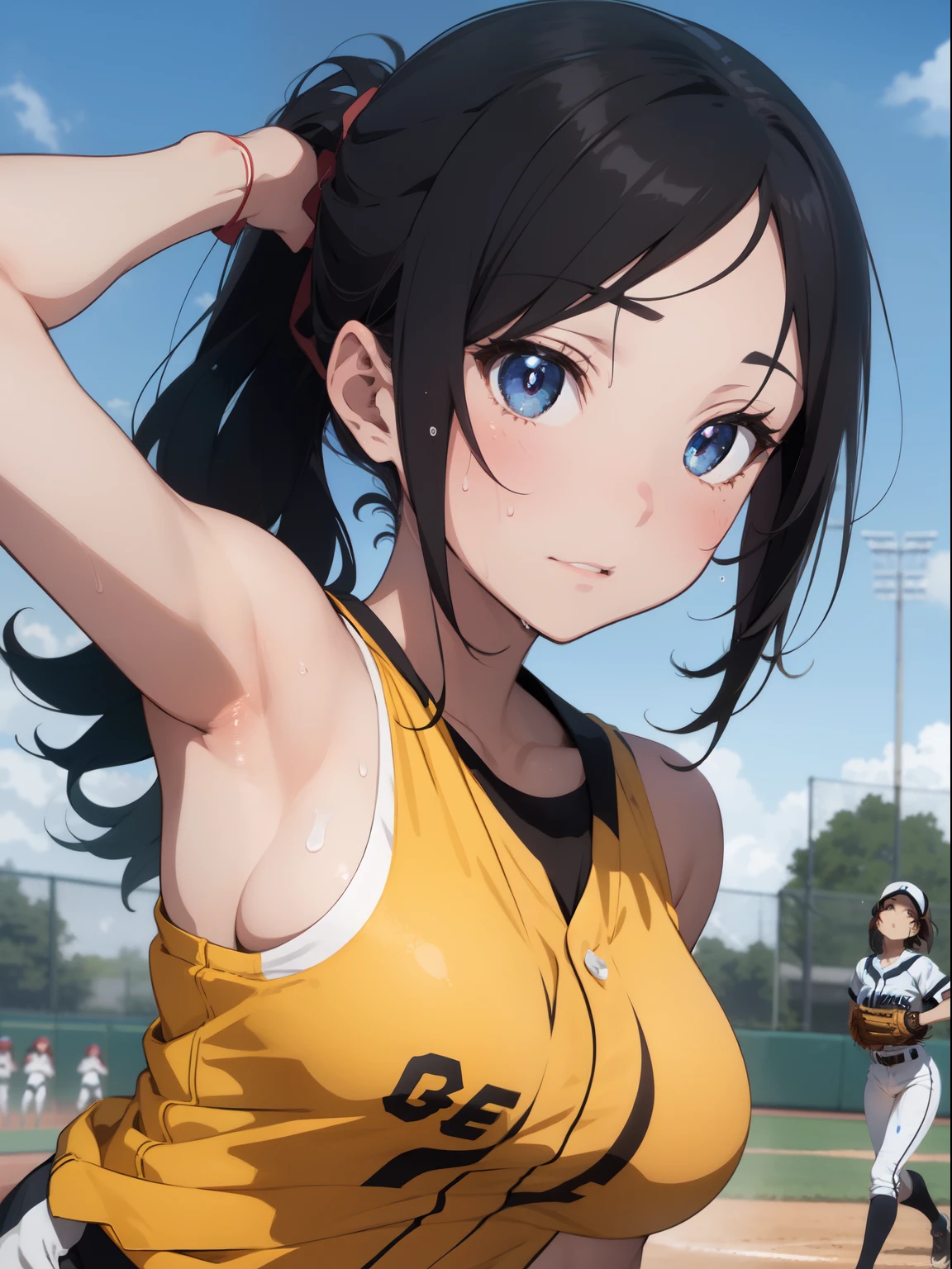Best Quality, masutepiece, High resolution, (Anime Heroine Illustration), Anime Paint, 1beautiful girl ,Dynamic Angle,Women's Softball Players ,small head,Large breasts,Smart body,nice legs, Glowing skin, Sweat,At the softball venue ,(Detailed beautiful face:1.4),detailed skins,Detailed eyes,detailed hairs,