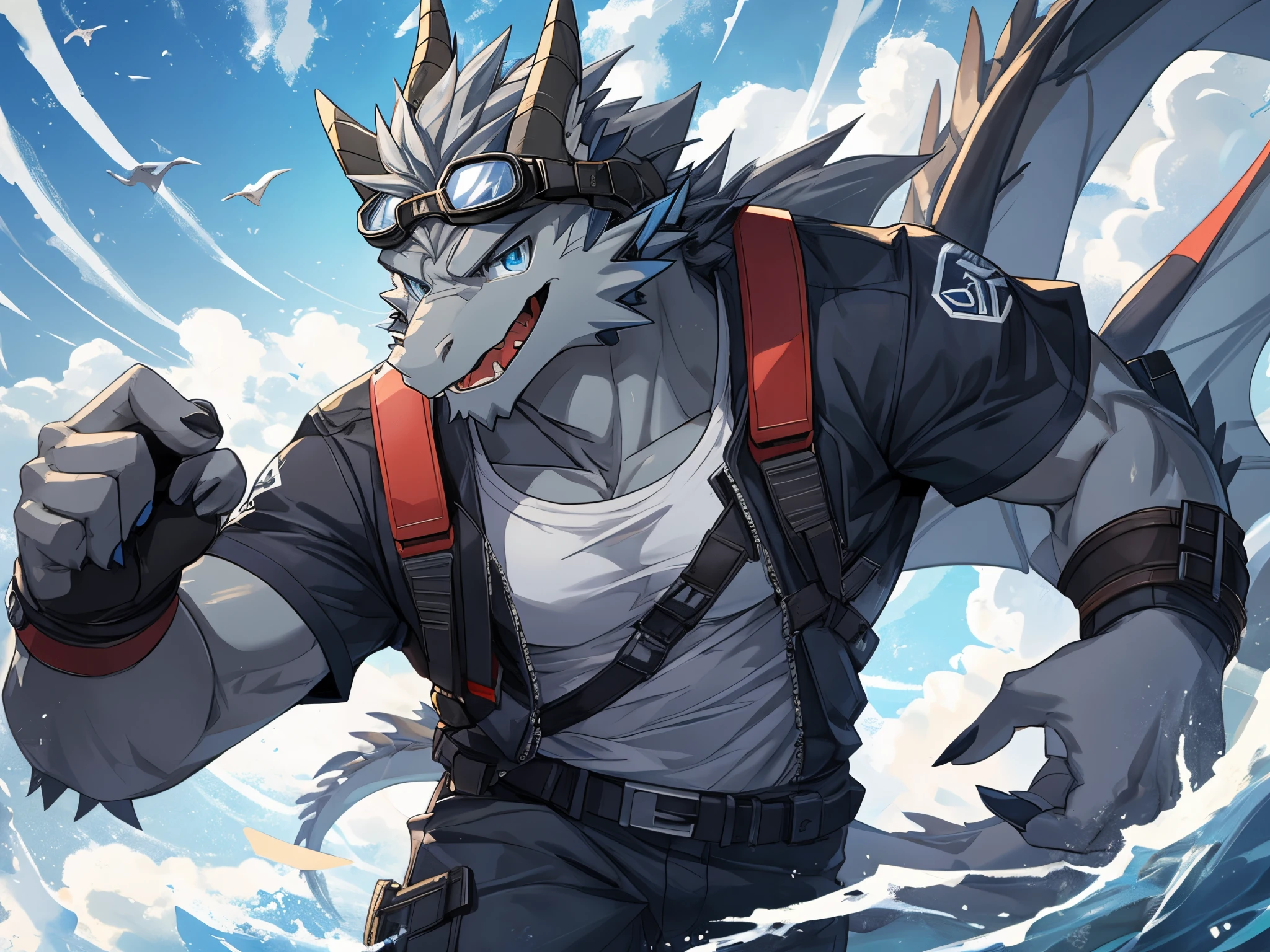 Masterpiece, Solo, Cool Pose, Furry Gray Dragon, Medium Muscular Body, Blue Eyes, Grey Medium Hair, Casual Shirt, Fierce, Goggles, Joy Expression, Good looking