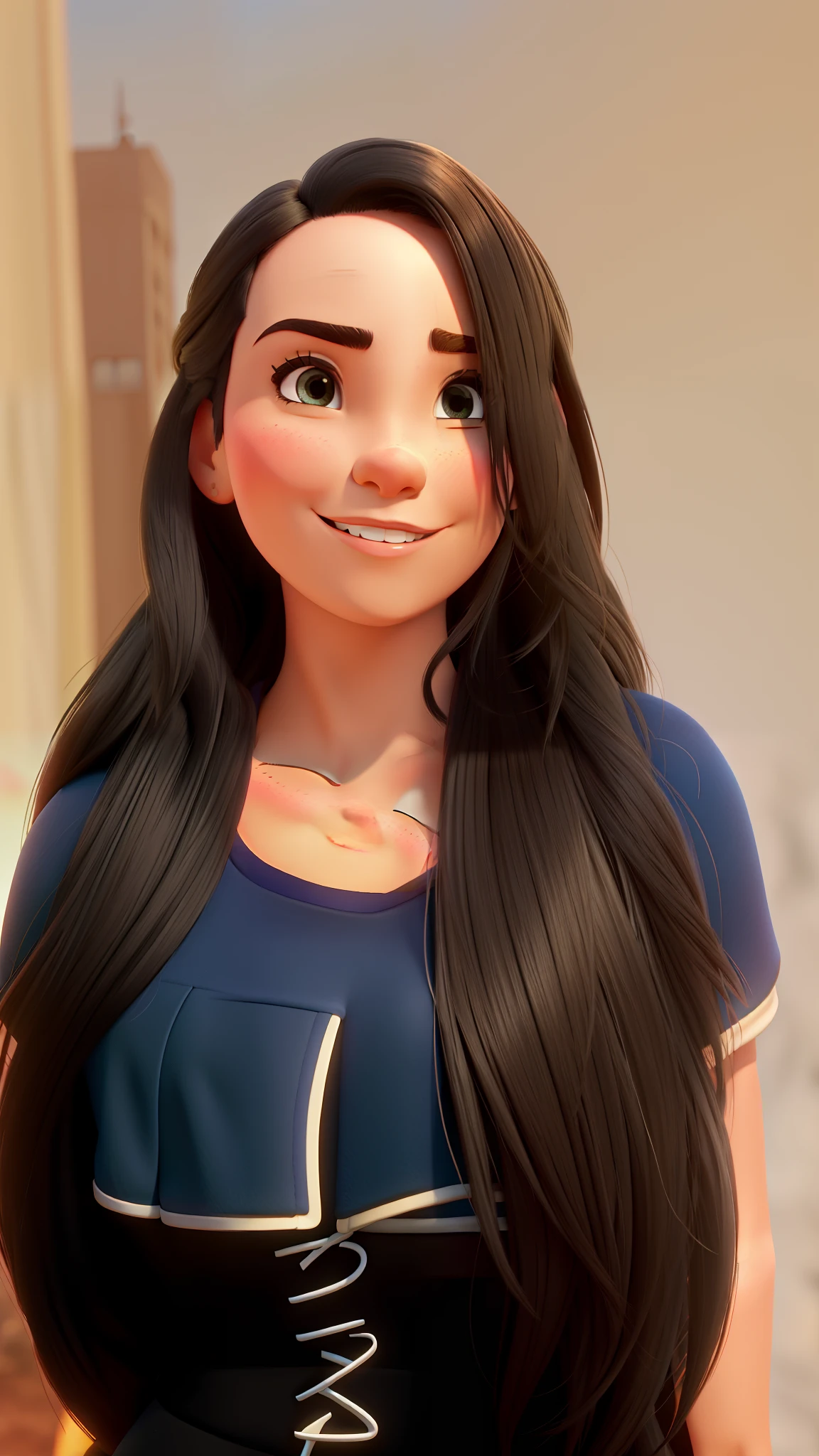 Disney pixel cartoon Mulher brasileira, cabelo castanho claro. Na frente, por do sol ao fundo