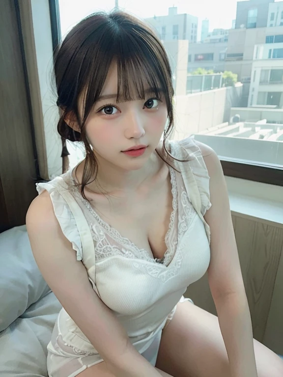 portrait of a japanese ,(Best Quality,4K,8K,hight resolution,masutepiece:1.2),Ultra-detailed,(Realistic,Photorealistic,Photorealsitic:1.37),cute-style,Dribbling High Detail 8K,Studio Lighting - V 6, Underwear is visible, Sheer clothes,pleatedskirt,Random Faces, Random curly hair, bangss, bare-legged