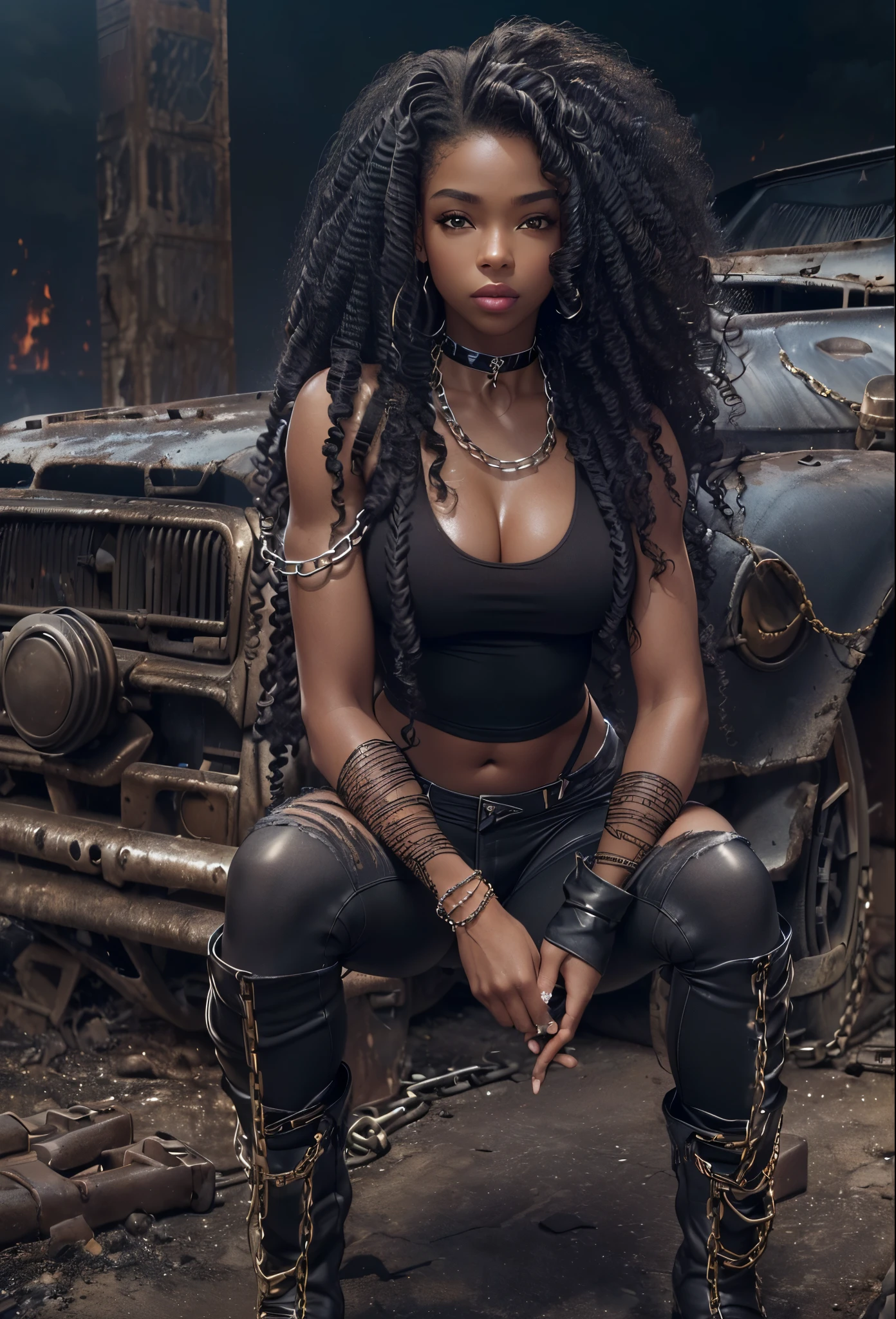 ((21-year-old))), black girl, (((light skin))), (((full body pose))), (((long curly black hair))), (((no bra, wrapped in chains, boots, guns))), (((black fishnet bodysuit))), (((submissive))), (((metal choker))), (((post apocalyptic scene, old cars, fire, death))), dark fantasy, (((thigh gap with cameltoe))), Rich, Deep Colours, (intricate details:0.9), (HDR, hyper-detailing:1.2), (natural skin textures, hyper realisitc, glistening skin, soft light, Sharp),