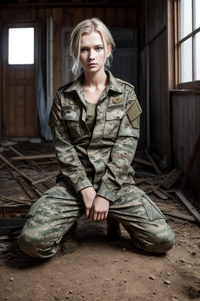 1girl, a cute beautiful russian 24 years old girl wearing military boots, russian camo pattern military pants, a russian camo pattern long military shirt, she is a war prisoner, slender body, exhausted look, bruises on the face, dirt on the face, frightened look, very pale skin, short blonde hair, kneeling in the middle of a ruined ukrainian house room, military equipement scattered on the floor, hands tied in the back, slightly open shirt, exhausted look, bruises on the face, dirt on the face, frightened look, sun, (very detailed, high-res, masterpiece, best quality:1.4), intricate details, highly, detailed skin, realistic skin texture,texture, detailed eyes light grey-blue, (professional, 8k, raw photo, shot on Canon, 85mm,shallow depth of field, kodak vision color, extremely detailed:1.2), photo_\(ultra\), (photorealistic, realistic:1.33), post-processing, max detail, roughness, real life, ultra realistic, photorealism, photography, photography, (anatomically correct:1.4), exhausted look, bruises on the face, dirt on the face, frightened look