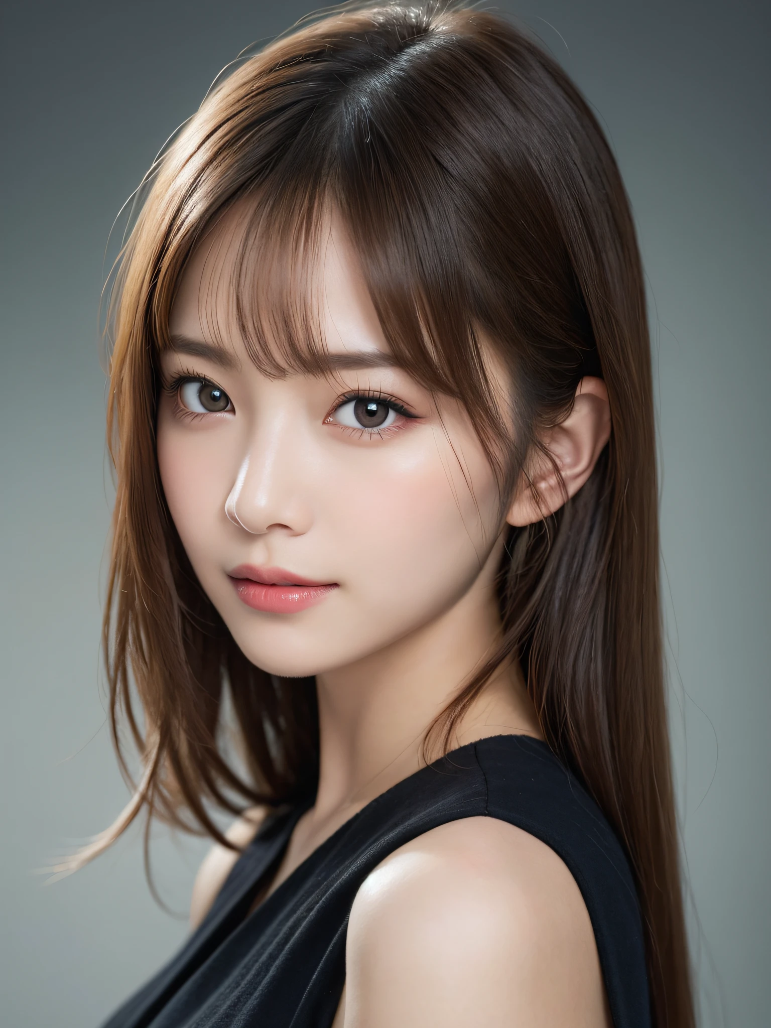 (masterpiece:1.3), (8k, Realistic, RAW Photos, Best image quality: 1.4), 、(Random Hairstyles:1.2)、Highly detailed face、Attention to detail、double eyelid、Sharp focus:1.2、Beautiful woman:1.4、Light brown hair、Highest quality、masterpiece、Ultra-high resolution、(Realistic:1.4)、Highly detailed and professional lighting、Brown Knight、thin、A sparkling smile、Long black hair、Deadly position、Beautiful Skin、Random Pause、Shiny Hair、Natural pose、Childish expression