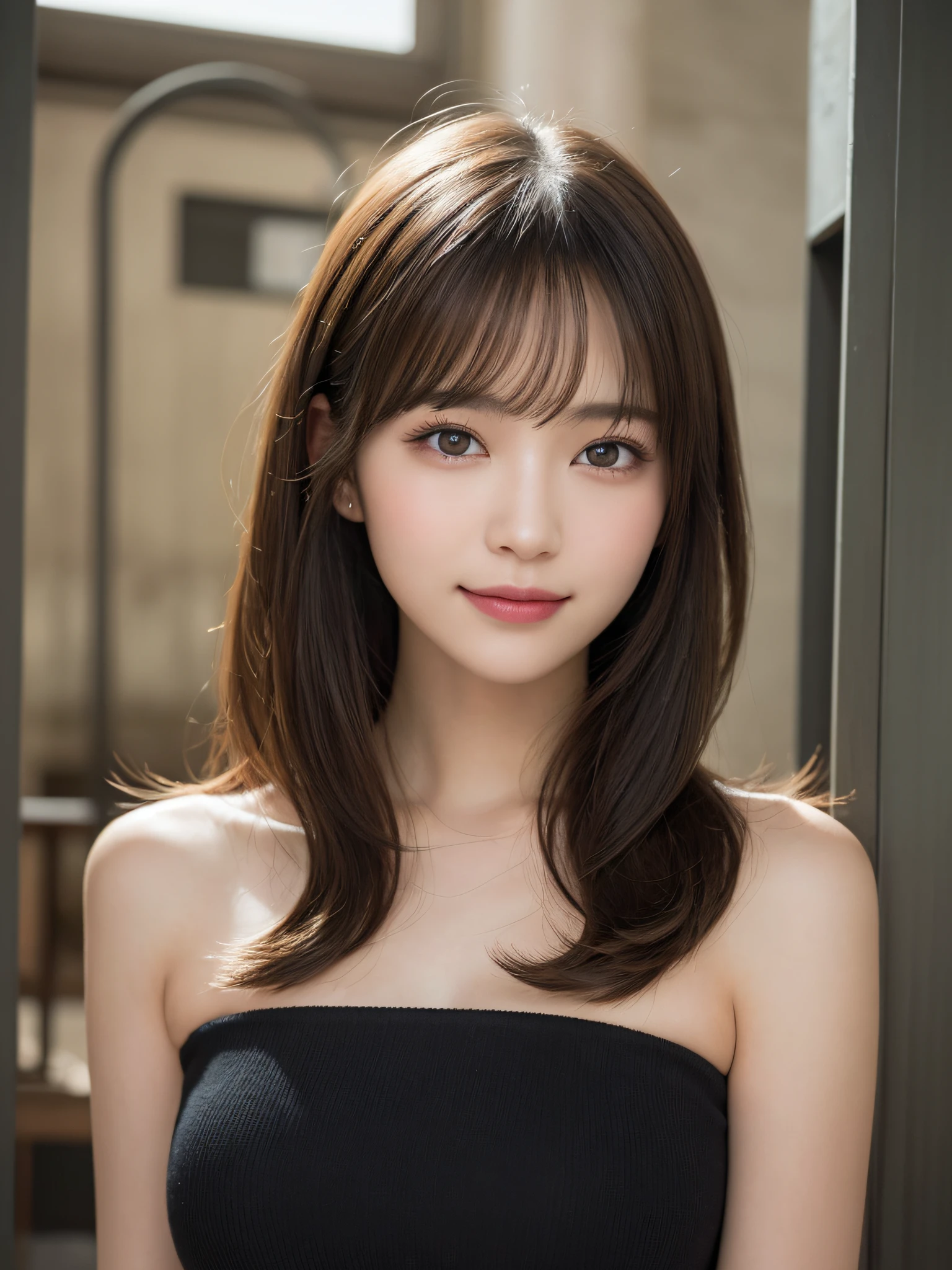 masterpiece, best picture quality, high quality, beautiful girl, Japanese, Japanese school girl, popular Korean makeup, detailed, swollen eyes, detailed eyes, detailed skin, beautiful skin, ultra high resolution, (reality: 1.4), very beautiful, slightly younger face, beautiful skin, slender, (ultra realistic), (illustration), (high resolution), (8K), (highly detailed), (best illustration), (beautifully detailed eyes), (super detailed), (wallpaper), (detailed face), looking at viewer, fine details, detailed face, pureerosfaceace_v1, smiling, looking straight ahead, looking straight ahead, angle from waist up, realistic photo, bright lighting, professional lighting, blonde, long hair, dark ruins, big red moon, gorgeous red and black dress, mature woman, long stylish bangs,キスショット・アセロラオリオン・ハートアンダーブレード
