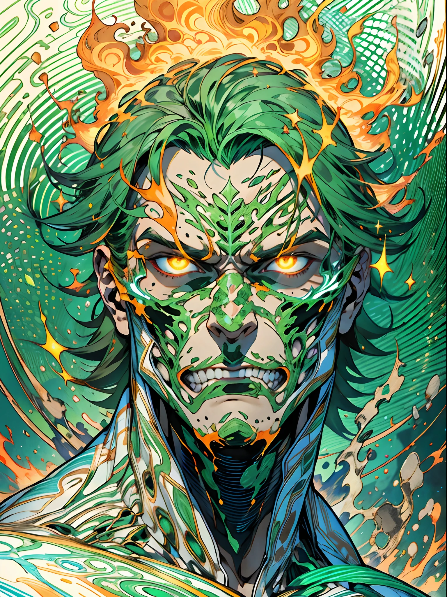 un primer plano de un hombre con fuego verde en la cabeza y torso, humano resplandeciente, Como se ilustra en Top Cow Comics, Brillando en poder, Sosteniendo fuego verde, Hoja de alma verde brillante,esqueleto,esqueleto humano,huesesos,deretirse,nuclear,(1hombre)