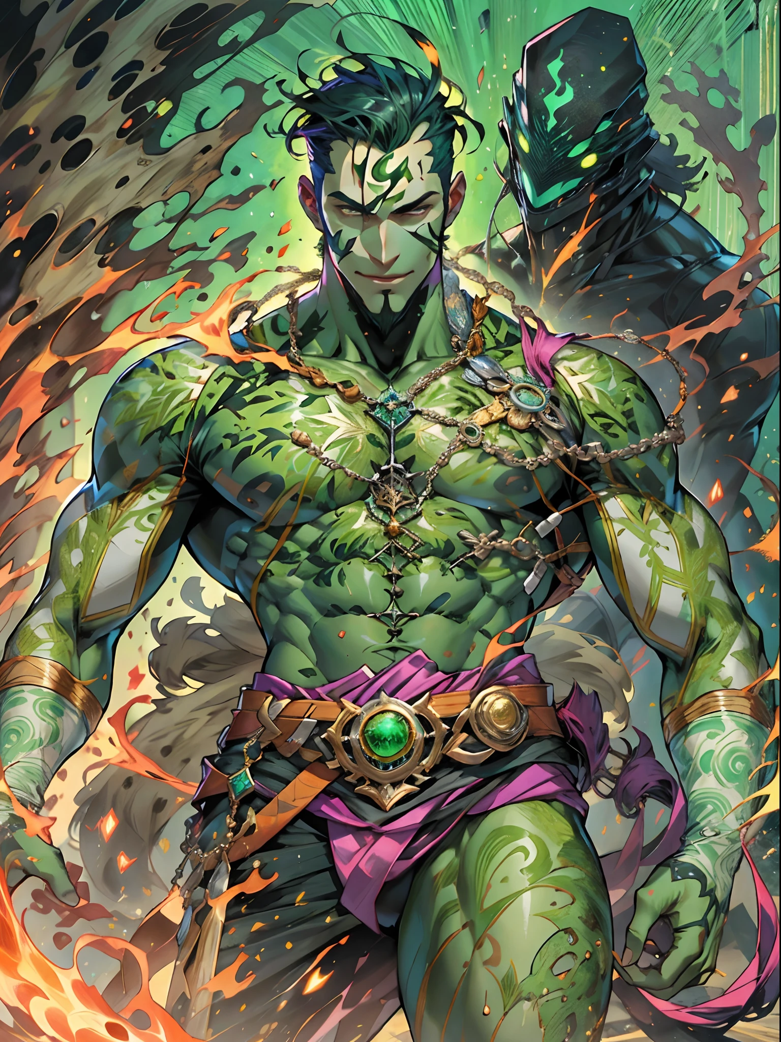 un primer plano de un hombre con fuego verde en la cabeza y torso, humano resplandeciente, Como se ilustra en Top Cow Comics, Brillando en poder, Sosteniendo fuego verde, Hoja de alma verde brillante,esqueleto,esqueleto humano,huesesos,deretirse,nuclear,(1hombre)