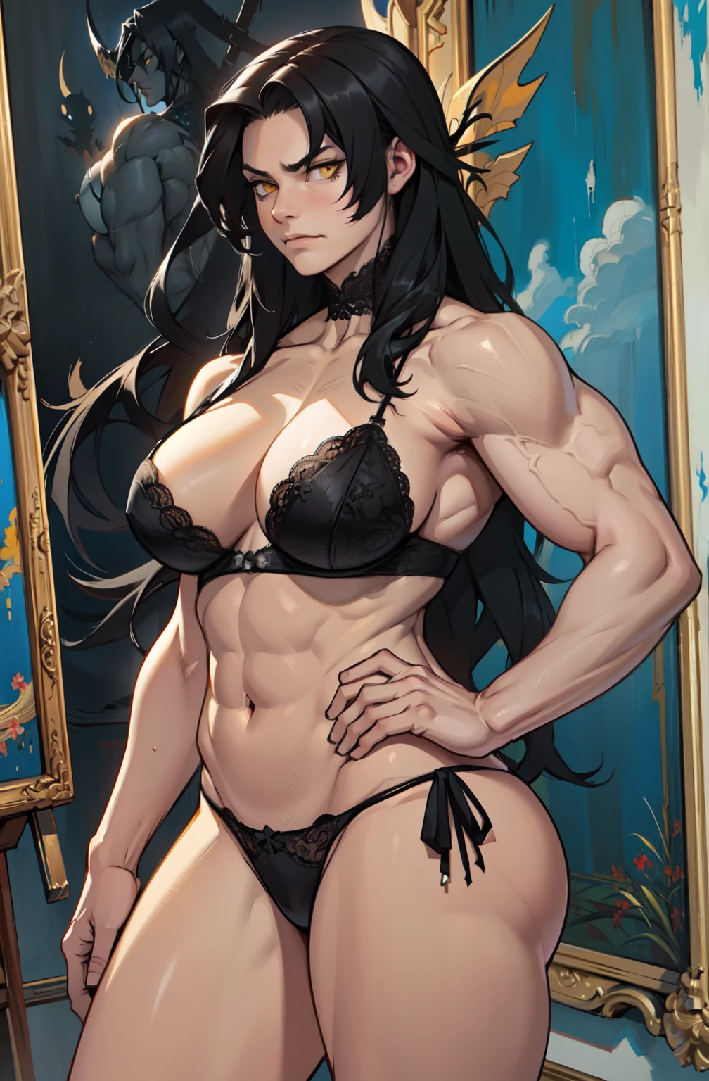 ((1 girl)), extremely long hair, solo, ((muscular)), veins, black hair, yellow eyes, pale skin, strong, veins, abs, (huge breasts), frowning, lace lingerie uhd best quality 16k ((classic painting style))