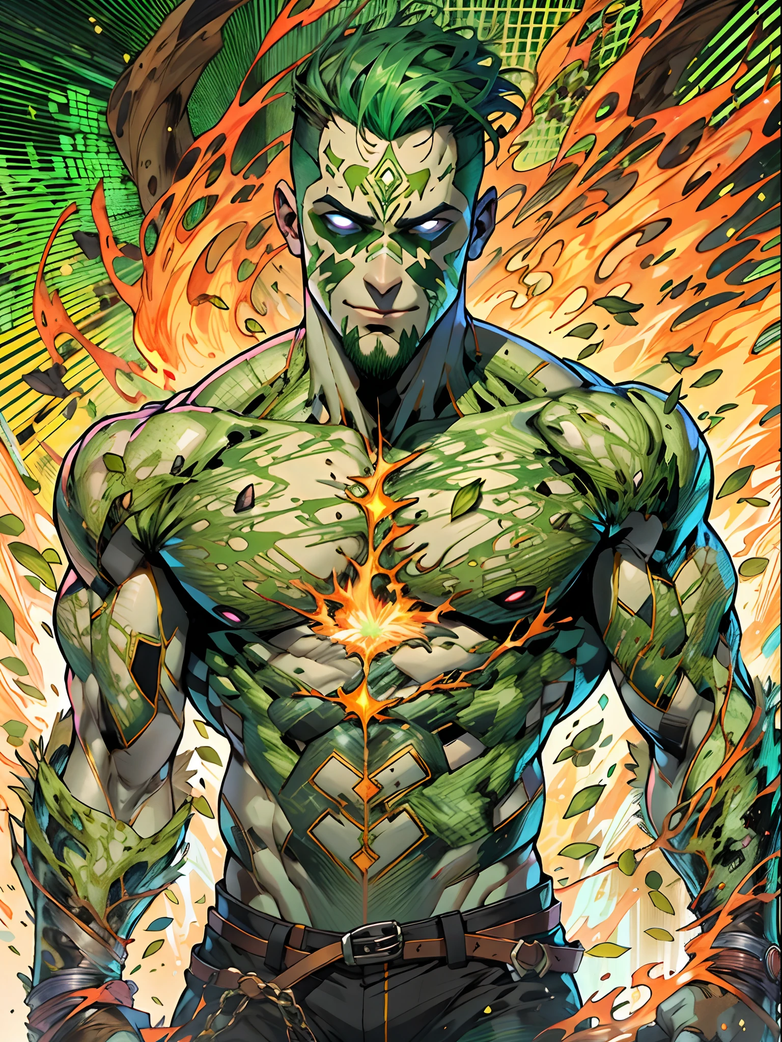 un primer plano de un hombre con fuego verde en la cabeza y torso, humano resplandeciente, Como se ilustra en Top Cow Comics, Brillando en poder, Sosteniendo fuego verde, Hoja de alma verde brillante,esqueleto,esqueleto humano,huesesos,deretirse,nuclear,(1hombre)
