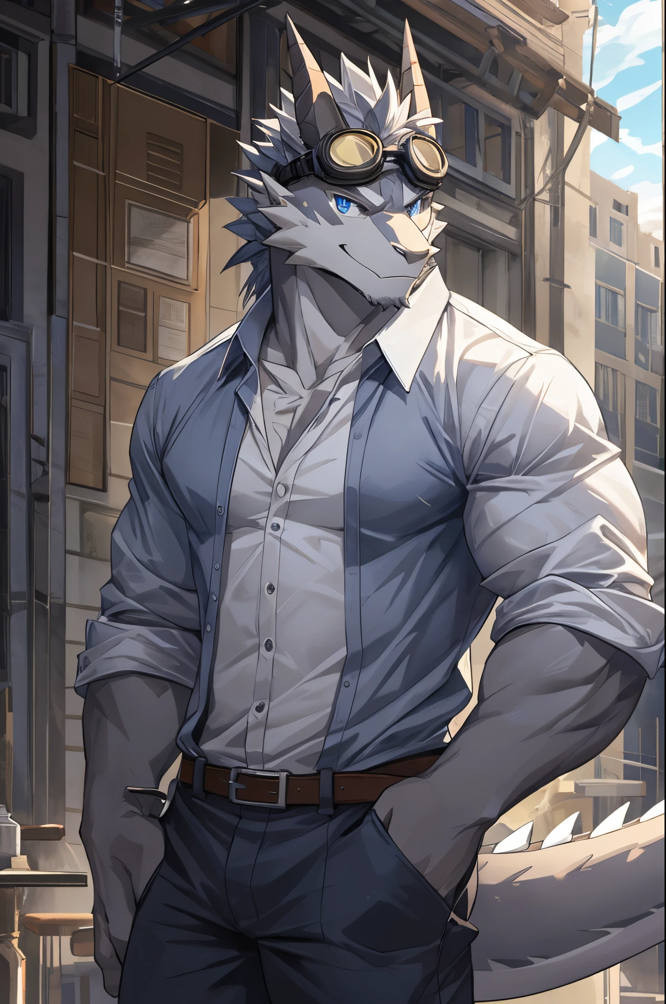 Masterpiece, Solo, Cool Pose, Furry Gray Dragon, Medium Muscular Body, Blue Eyes, Grey Medium Hair, Casual Shirt, Fierce, Manly, Goggles, Charming, Joy Expression, Good looking