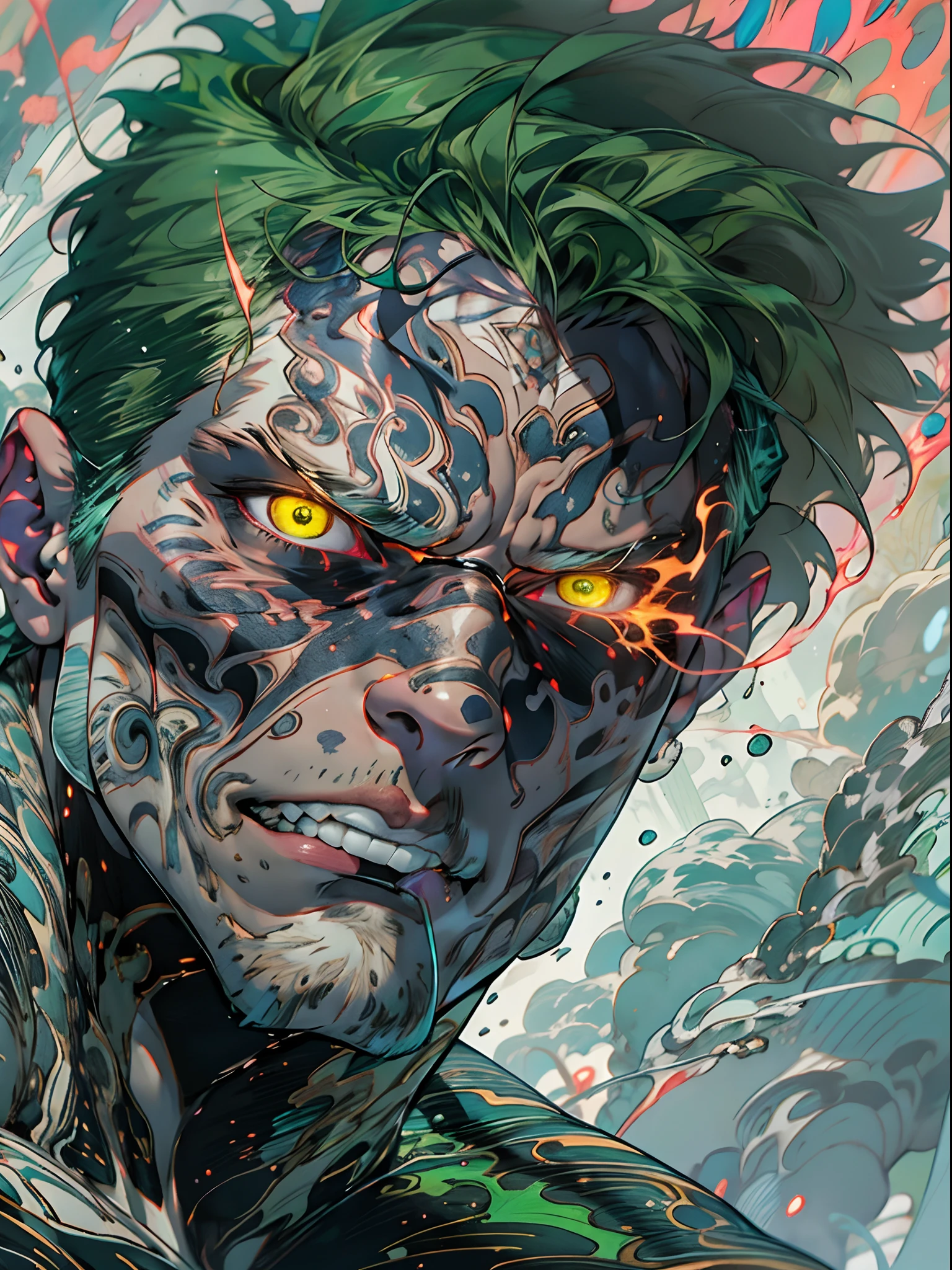 un primer plano de un hombre con fuego verde en la cabeza y torso, humano resplandeciente, Como se ilustra en Top Cow Comics, Brillando en poder, Sosteniendo fuego verde, Hoja de alma verde brillante,esqueleto,esqueleto humano,huesesos,deretirse,nuclear,(1hombre)