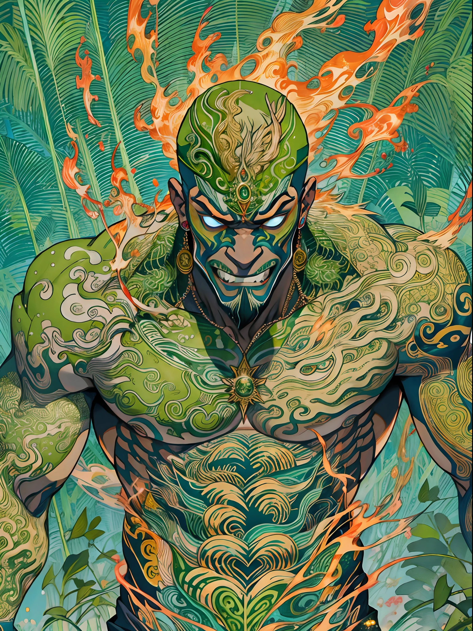un primer plano de un hombre con fuego verde en la cabeza y torso, humano resplandeciente, Como se ilustra en Top Cow Comics, Brillando en poder, Sosteniendo fuego verde, Hoja de alma verde brillante,esqueleto,esqueleto humano,huesesos,deretirse,nuclear,(1hombre)