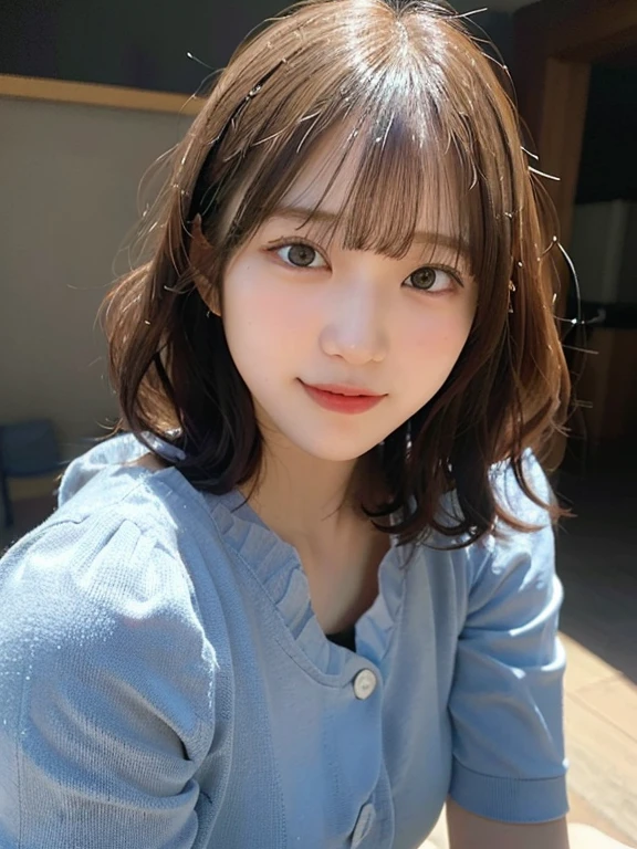 portrait of a japanese ,(Best Quality,4K,8K,hight resolution,masutepiece:1.2),Ultra-detailed,(Realistic,Photorealistic,Photorealsitic:1.37),cute-style,Dribbling High Detail 8K,Studio Lighting - V 6, Sheer clothes,耳环,pleatedskirt,Random Faces, Random curly hair, bangss, bare-legged,A slight smil
