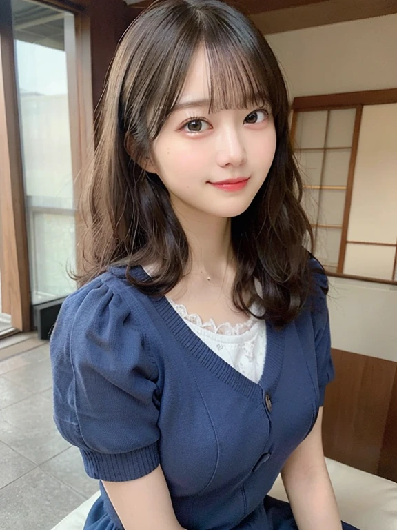 portrait of a japanese ,(Best Quality,4K,8K,hight resolution,masutepiece:1.2),Ultra-detailed,(Realistic,Photorealistic,Photorealsitic:1.37),cute-style,Dribbling High Detail 8K,Studio Lighting - V 6, Sheer clothes,耳环,pleatedskirt,Random Faces, Random curly hair, bangss, bare-legged,A slight smil