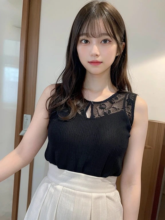 portrait of a japanese teen,(Best Quality,4K,8K,hight resolution,masutepiece:1.2),Ultra-detailed,(Realistic,Photorealistic,Photorealsitic:1.37),cute-style,Dribbling High Detail 8K,Studio Lighting - V 6, Sheer clothes,耳环,pleatedskirt,Random Faces, Random curly hair, bangss, bare-legged,A slight smil