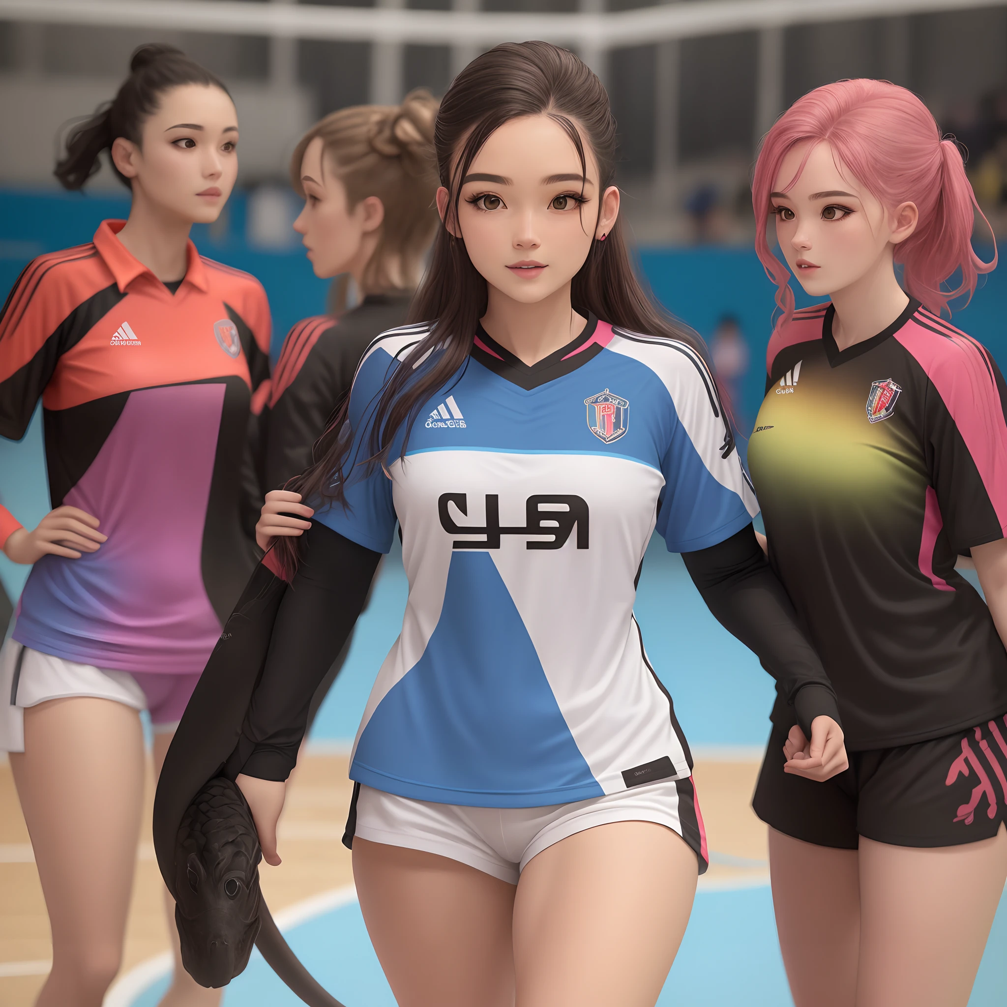 Make a women's futsal team suit that has the following information, nas cores preto e rosa, com uma cobra grande e rosa no lado esquerdo, outras cobras menores em toda a blusa e alguns detalhes pequenos.