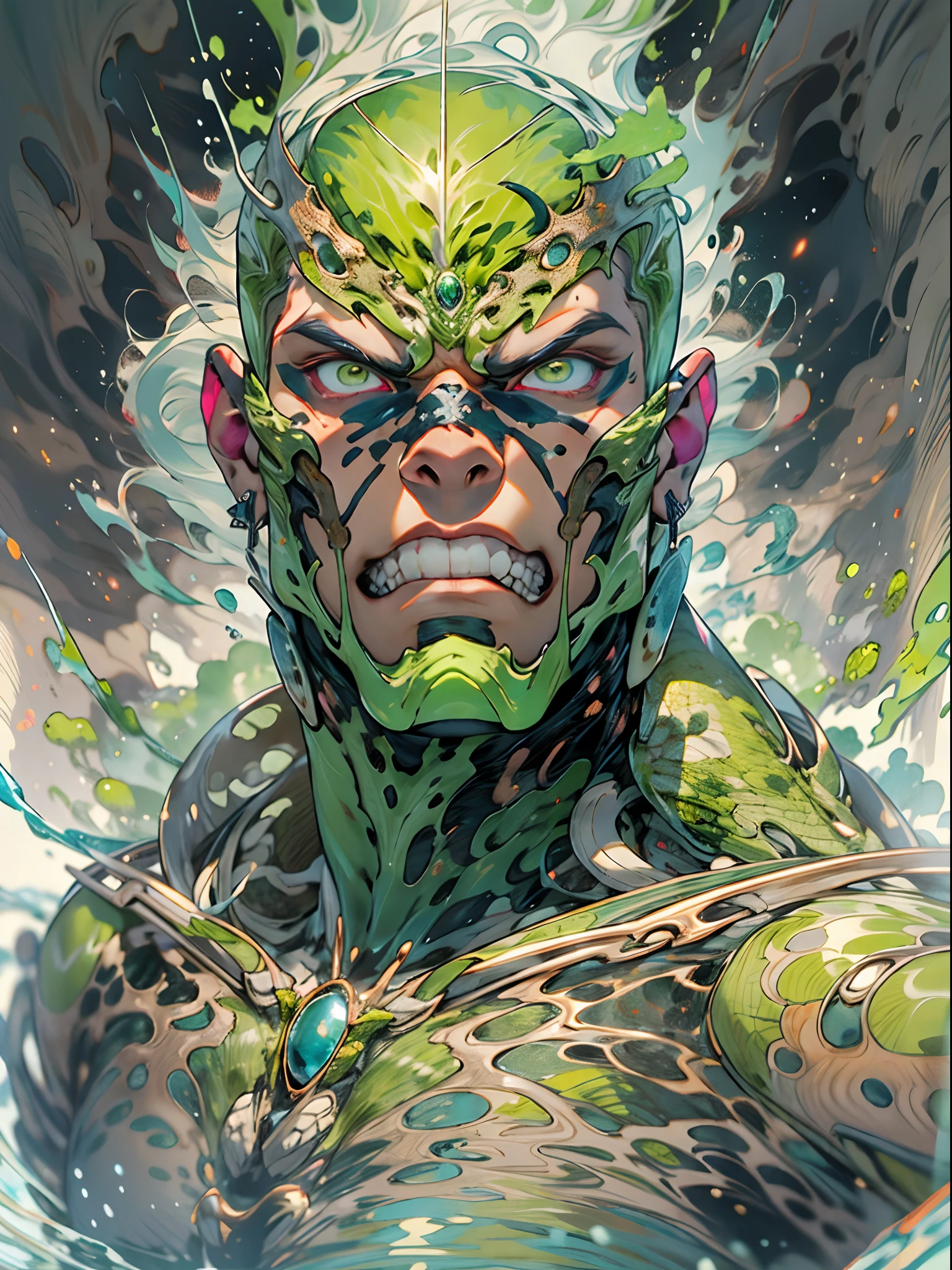 un primer plano de un hombre con fuego verde en la cabeza y torso, humano resplandeciente, Como se ilustra en Top Cow Comics, Brillando en poder, Sosteniendo fuego verde, Hoja de alma verde brillante,esqueleto,esqueleto humano,huesesos,deretirse,nuclear,(1hombre)