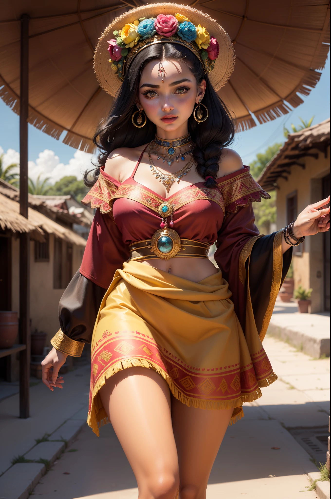 ((Masterpiece - Illustrations - Detailed - Best Quality)) - classic 50s Style - Alexander Gunin Style - insanely beautiful Mexican Woman - Aztec - Long Waiver Black Hair - Dark Brown Skin - pristine hazel eyes - Absolute Stunning Look - Traditional Wear Mexican clothing - pink Mexican skirt - sash at waist and abdomen - closed huaraches - gold bracelets, earrings and necklaces - imposing presence - flower petals in the environment - happy attitude - small Mexican village as the background.