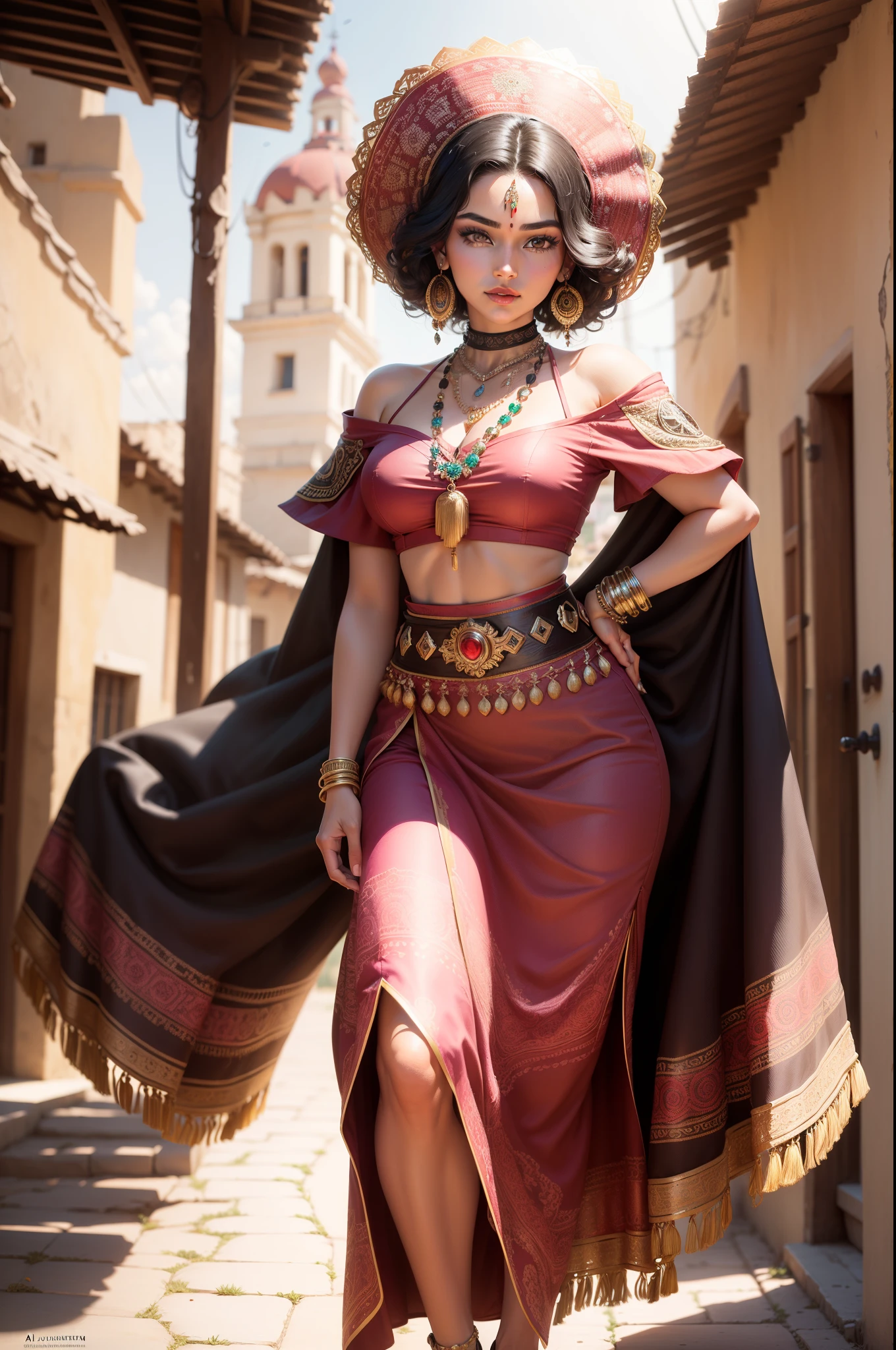 ((Masterpiece - Illustrations - Detailed - Best Quality)) - classic 50s Style - Alexander Gunin Style - insanely beautiful Mexican Woman - Aztec - Long Waiver Black Hair - Dark Brown Skin - pristine hazel eyes - Absolute Stunning Look - Traditional Wear Mexican clothing - pink Mexican skirt - sash at waist and abdomen - closed huaraches - gold bracelets, earrings and necklaces - imposing presence - flower petals in the environment - happy attitude - small Mexican village as the background.