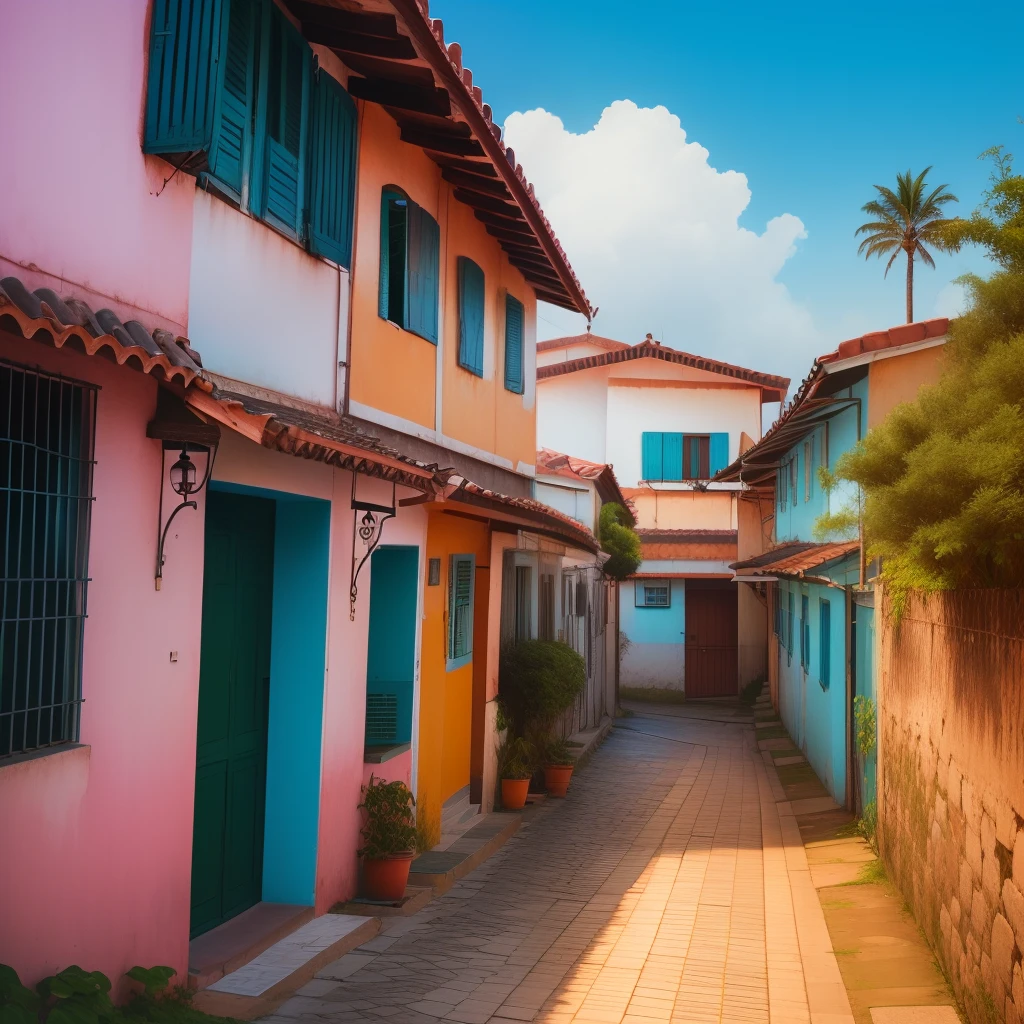 Paisagem rosa com uma casa no fundo