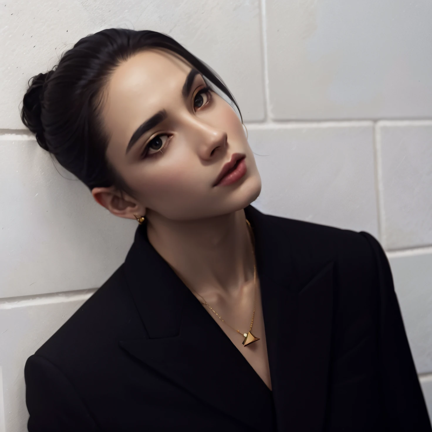 sharp woman in a black suit and gold necklace standing against a white wall, delicate androgynous prince, Beautiful androgynous prince, taken in the early 2020s, androgynous person, Hsiao-Rony, androgynous face, androgynous male, Hyung Tae, Cai Xukun, beautiful androgynous girl