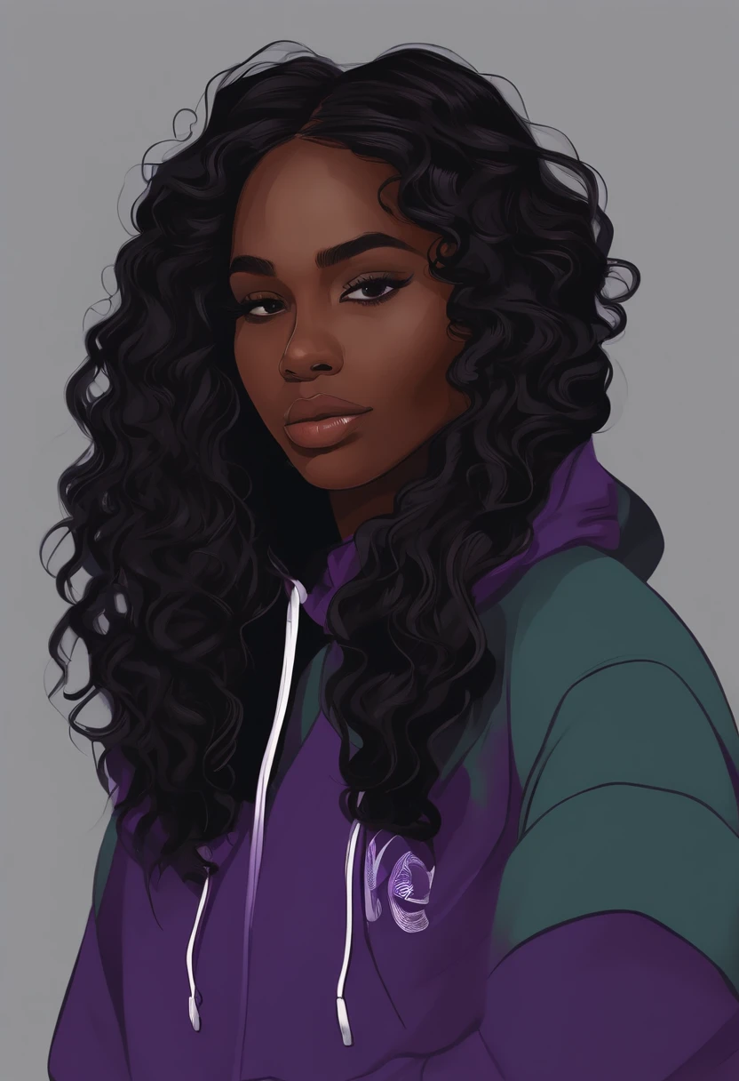 /imagine prompt: Dark-skinned girl with long black wavy hair wearing purple hoodie illustration for a sticker with a black background, em negrito estilo de contorno, bordas irregulares, Lixo, sombreamento claro --v 5.2