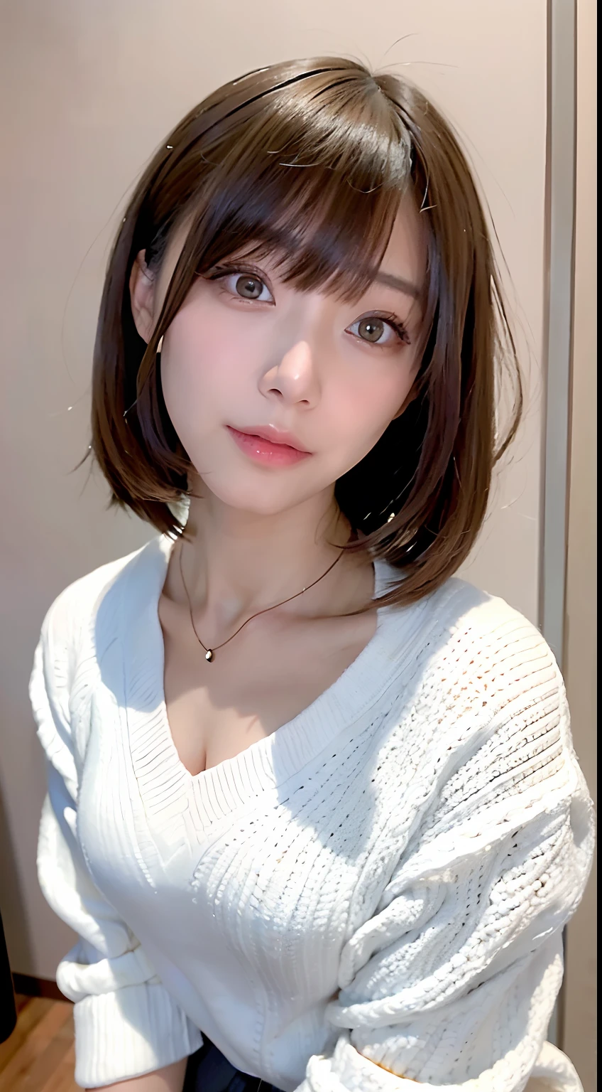 (top-quality、8K、32K、​masterpiece、nffsw:1.2)、Photo of a cute Japanese woman、Colossal tits:1.4、very short bobbed hair、The upper part of the body、sface focus、Oversized_Sweaters、a necklace、simple background、From  above、looking at the viewers、cleavage of the breast:1.5、Balanced body