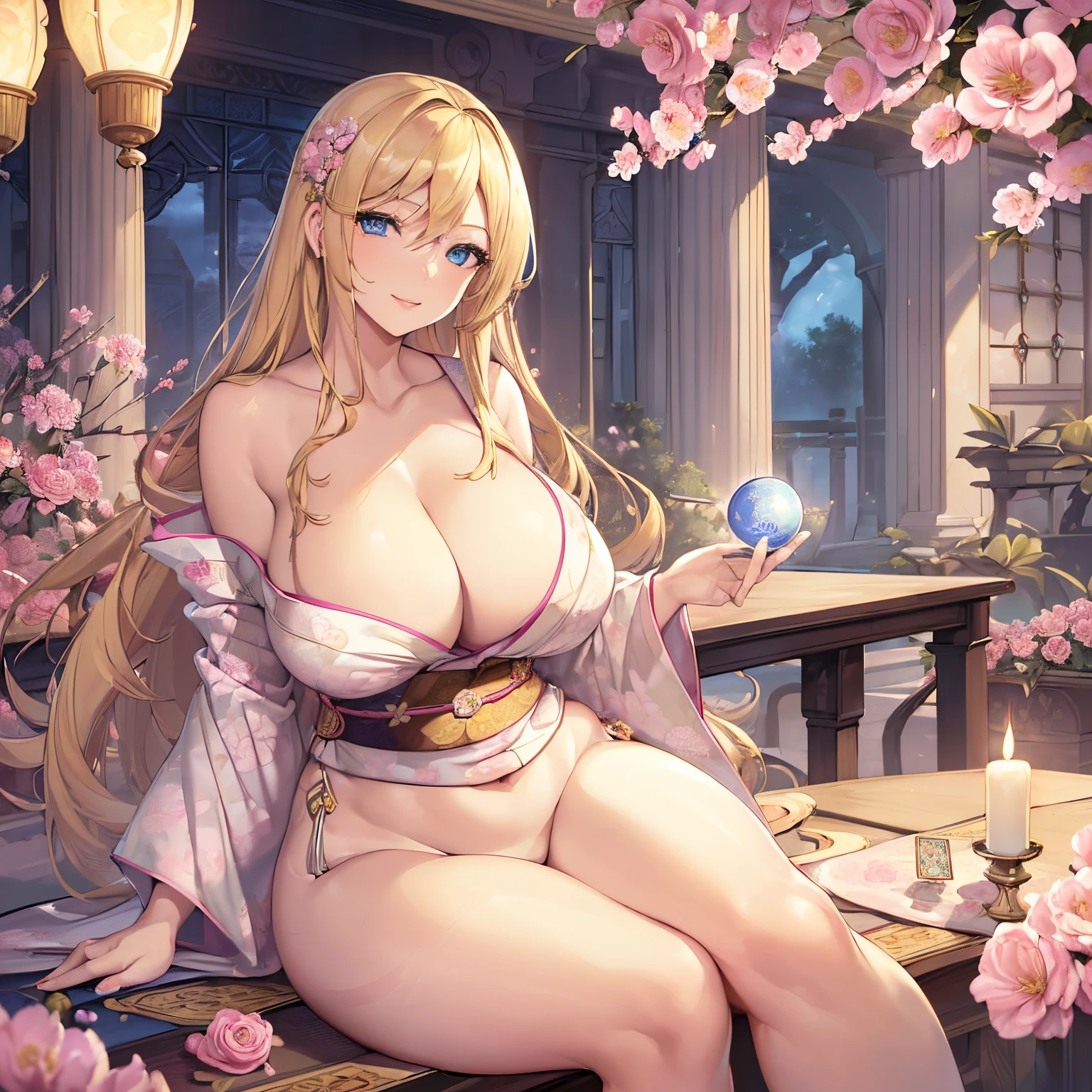 Masterpiece, Best Quality, (((Solo mature woman))), (((long blonde hair))),  (((wide hips))), (((beautiful blue eyes))), full lips, seductive smile, large chest, curvy, sexy, ((sitting at table with tarot cards)) (((wearing pink with white floral kimono))), [Janet], [Alice],  (((solo))), (((alone))), ((huge boobs)), (cleavage), candles, crystal ball