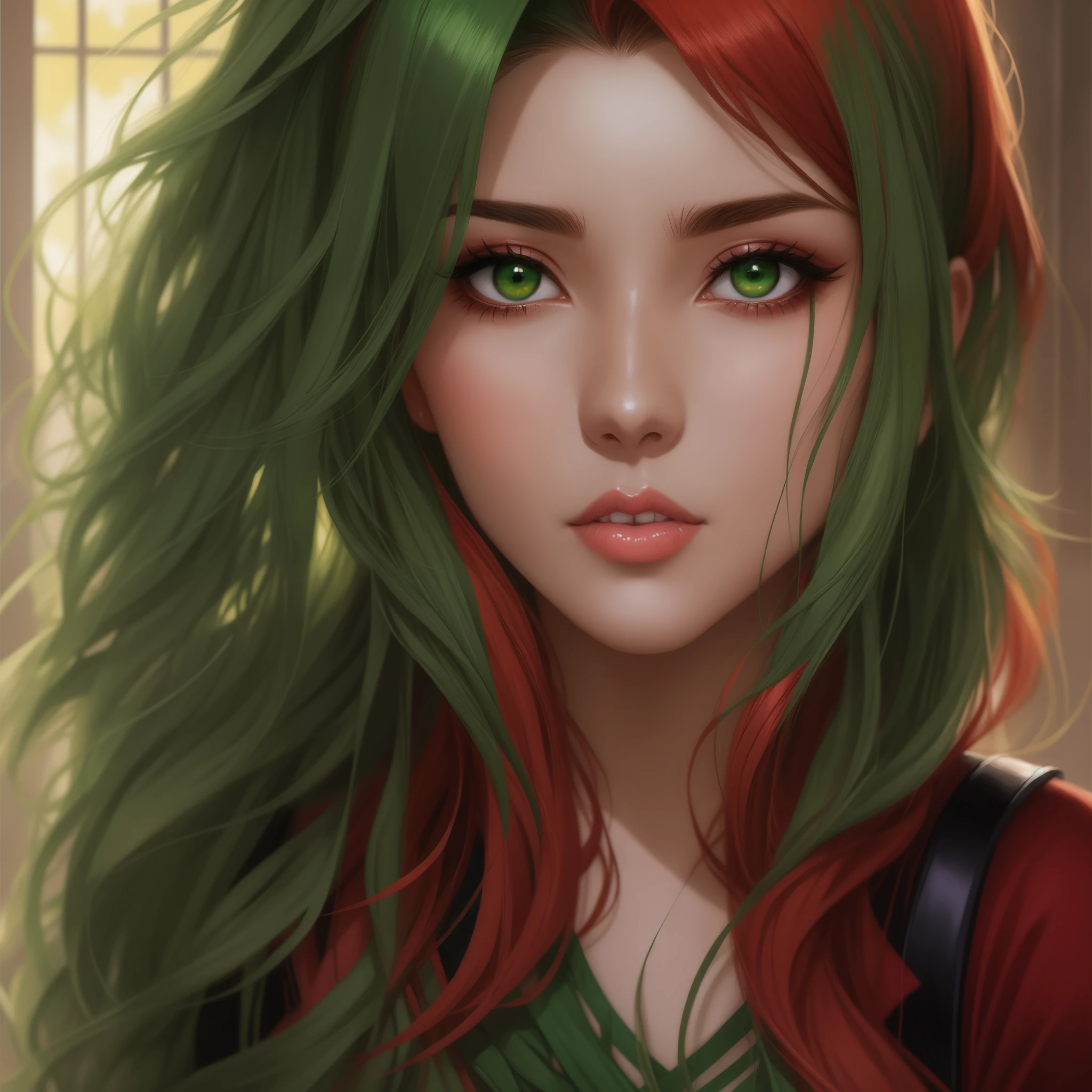 Anime girl with green and red hair and green eyes, Artgerm Portrait, Extrem detaillierter Artgerm, Artgerm. Hohe Detailgenauigkeit, ArtGerm auf ArtStation Pixiv, detailed portrait of anime girl, Detaillierte digitale Anime-Kunst, IG-Modell | Artgerm, Stanley Artgerm Lau, Stil Artgerm, Artgerm. Anime-Illustration