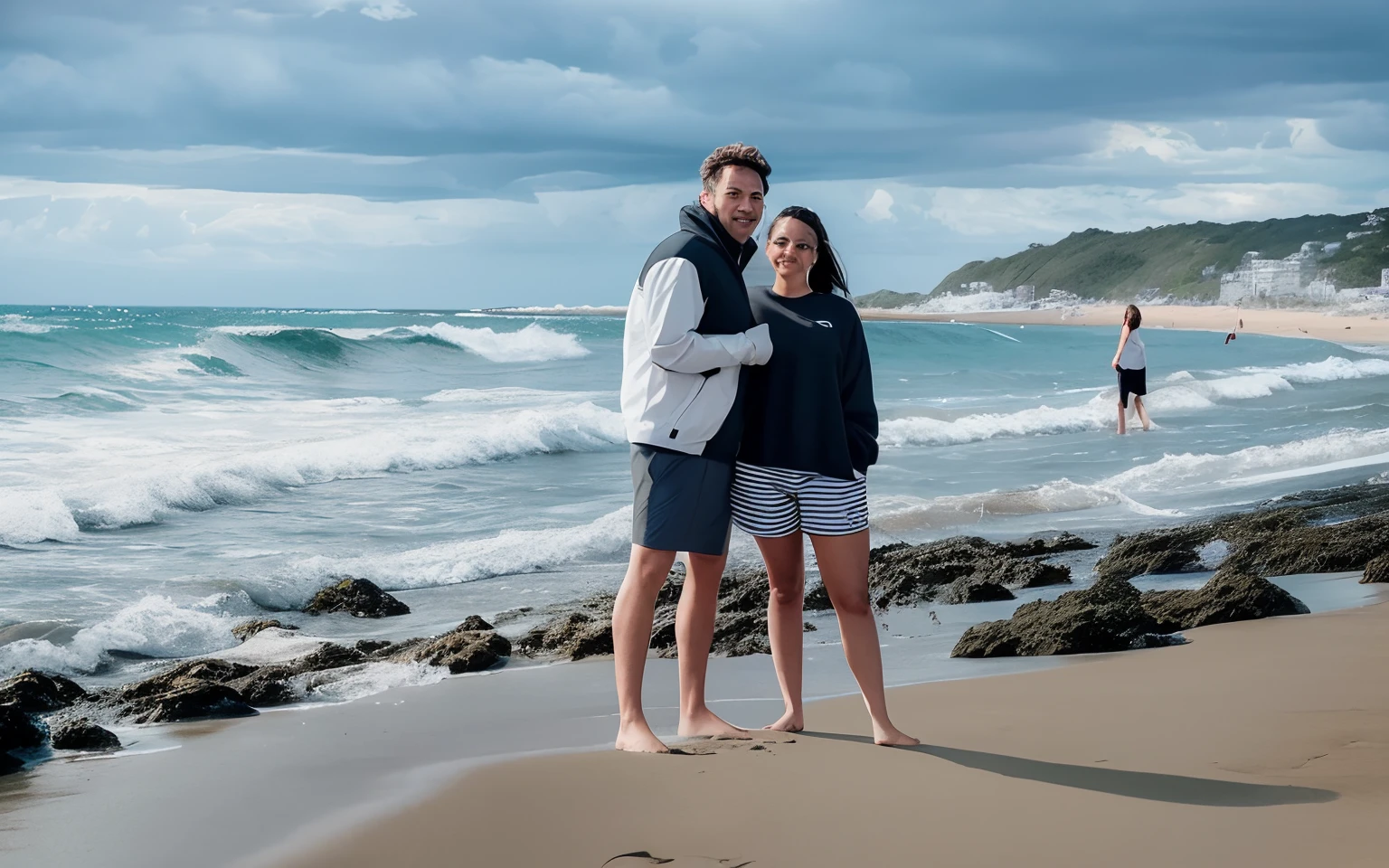 there are two people standing on a rock by the water, standing at the beach, standing near the beach, posing on a beach with the ocean, having a great time, photo taken in 2 0 2 0, standing on a beach, by Gwen Barnard, by Brenda Chamberlain, standing in shallow water, standing beside the ocean, by Dicky Doyle, blue water, storm clouds