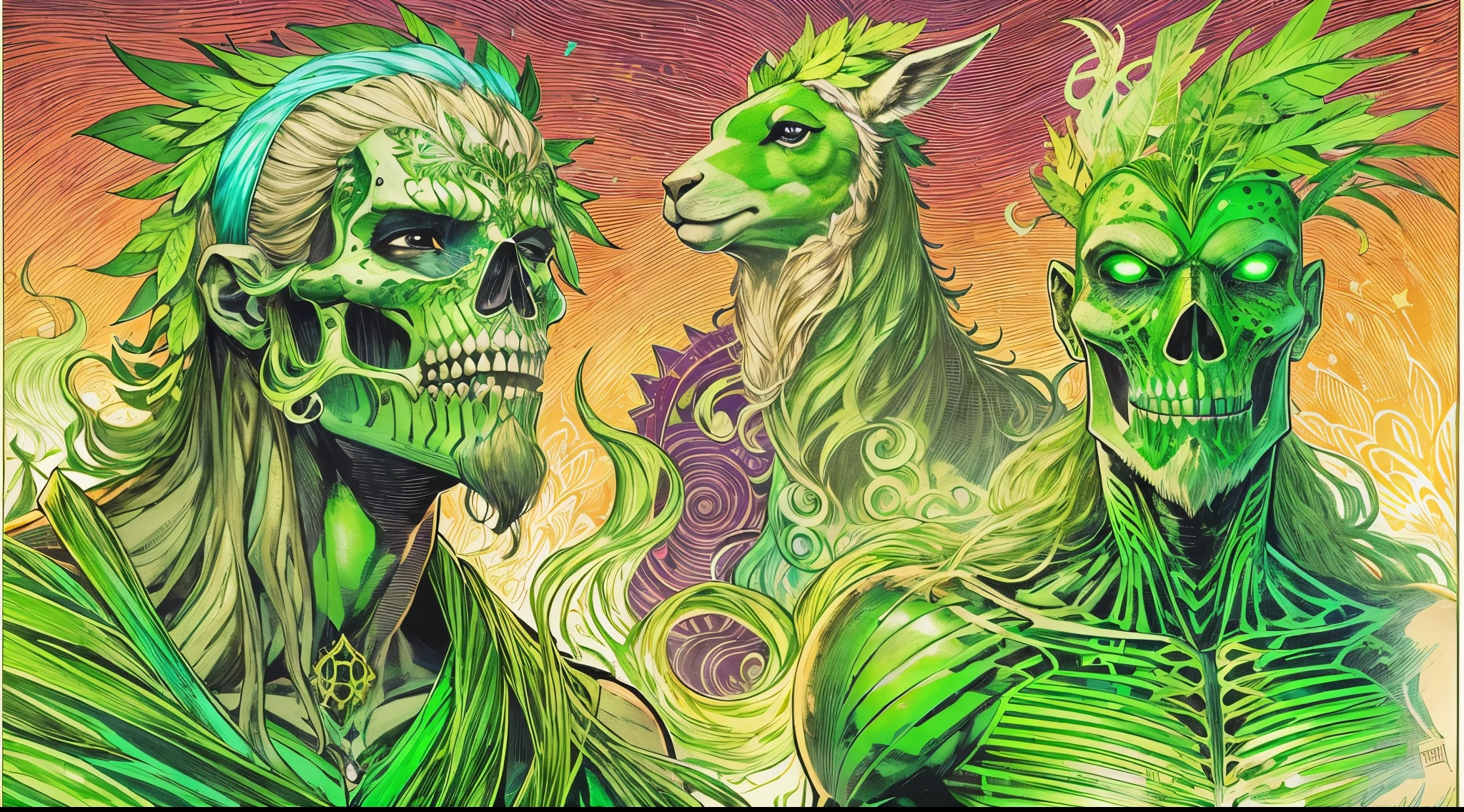 un primer plano de un hombre con una llama verde en la cabeza y torso, humano resplandeciente, Como se ilustra en Top Cow Comics, Brillando en poder, Sosteniendo fuego verde, Hoja de alma verde brillante,esqueleto,esqueleto humano,huesesos,deretirse,nuclear