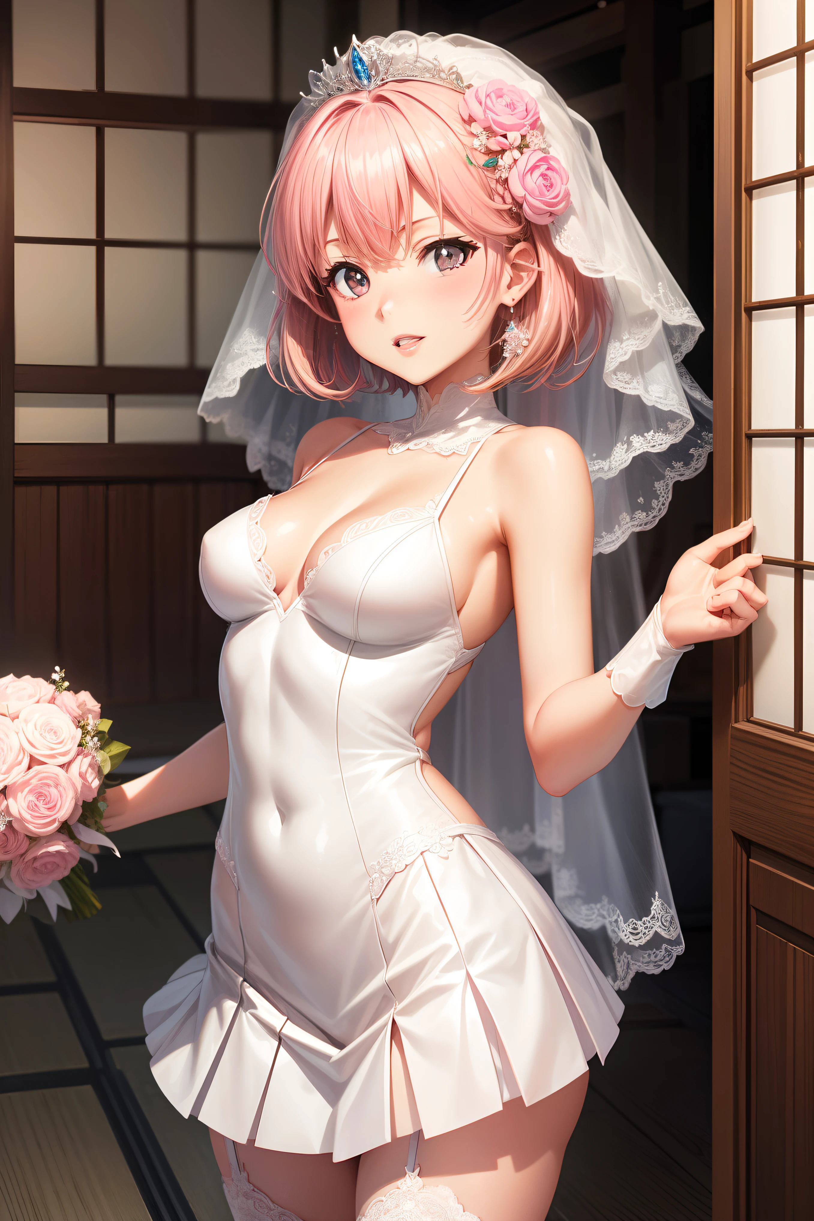 Costumes are all white, ((bride:1.5)), (Anime:1.5), ((In Kyoto Animation Style:1.5)), super precision, ​masterpiece, very extremely beautiful, ((Princess Face)), ((1 girl)), ((Solo:1.5)), ((Pink hair:1.5)), ((BobKat 1.5)), BREAK, ((Black eyes)),  Latex, Short hair, ((Straight hair)), BREAK, ((weddingdress)), ((Mini Pleated Skirt)), ((White shiny outfit)),, BREAK, Professional Lighting, (25-years old), Narrow waist, Shiny skin, ((Oiled skin)), glistning skin, ((Looking at Viewer)), ((Cowboy Shot)), Dynamic Pose, is looking at the camera, inside in room, Sexy, A slight smil, Slightly open mouth, ((Cute)), ((Hands behind your back)), Ultra-fine eyes, Ultra-fine face, ((thin lips:1.5)), Sexy, ((medium breasts:1.5)), (kawaii faces), The costume is shiny, White latex, frontal face, All costumes are white,