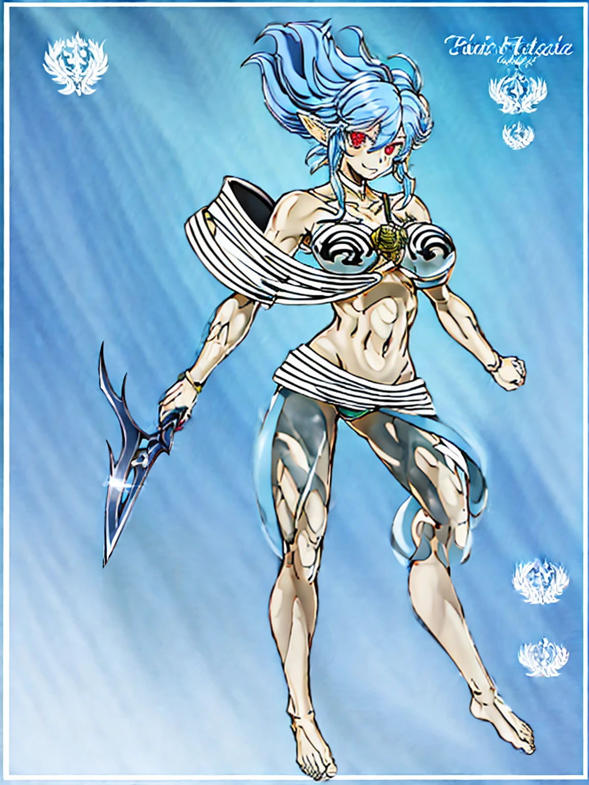 arafed image of a female character with a sword and a cape, skinny female fantasy alchemist, fey, complex fantasy character, cory chase as an atlantean, silvery skinned male elf, sexy pudica pose gesture, lady palutena, sfw version, pixiv contest winner, fantasy character, blue-skinned elf, fus rei, palutena, smile, red eyes, full body, blue hair