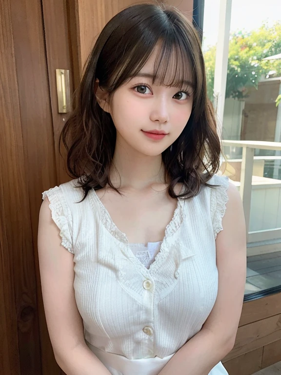 portrait of a japanese ,(Best Quality,4K,8K,hight resolution,masutepiece:1.2),Ultra-detailed,(Realistic,Photorealistic,Photorealsitic:1.37),cute-style,Dribbling High Detail 8K,Studio Lighting - V 6, Sheer clothes,bra very, 耳环,pleatedskirt,Random Faces, Random curly hair, bangss, bare-legged,A slight smil