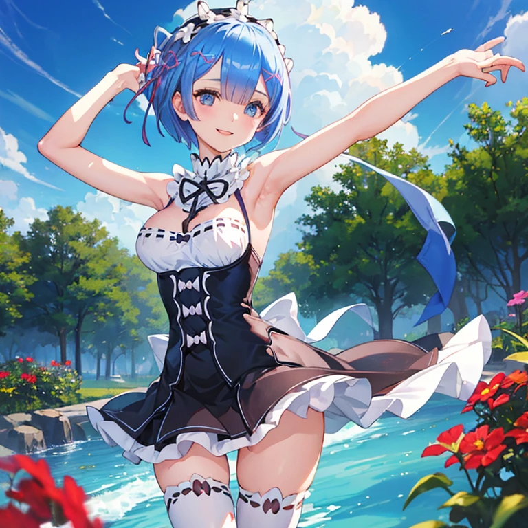 (masterpiece, best quality, ultra high res, 8k, perfect anatomy, extremely detailed), ((re:zero)), (((rem))),
BREAK
(1girl, cute girl, shiny body, shiny skin, large breasts), (light blue hair, short cut hair, light blue eyes),
BREAK
maid, sleeveless, spread arms, cowboy shot, happy, smile, garden