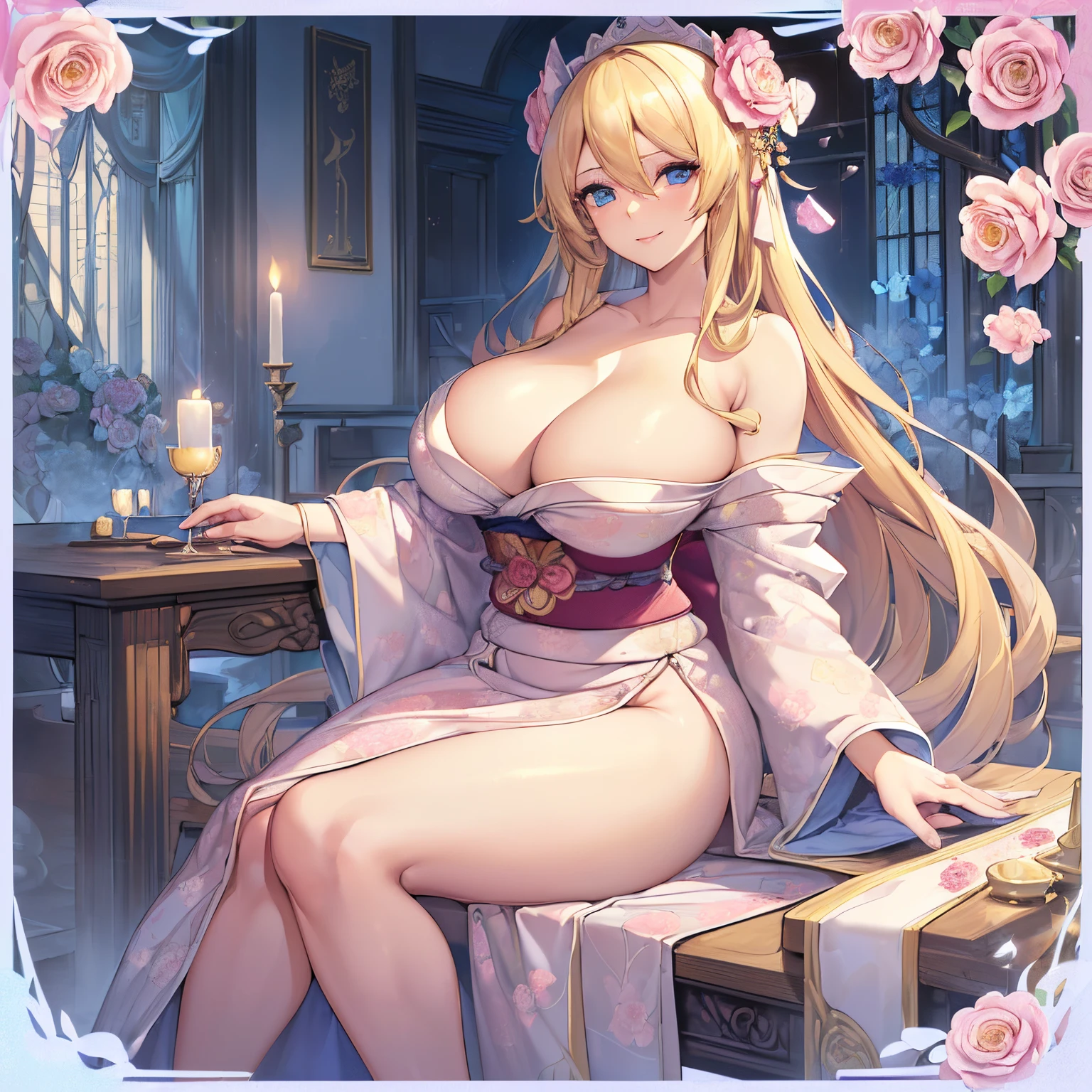Masterpiece, Best Quality, (((Solo mature woman))), (((long blonde hair))),  (((wide hips))), (((beautiful blue eyes))), full lips, seductive smile, large chest, curvy, sexy, ((sitting at table with tarot cards)) (((wearing pink with white floral kimono))), [Janet], [Alice],  (((solo))), (((alone))), ((huge boobs)), (cleavage), candles, crystal ball