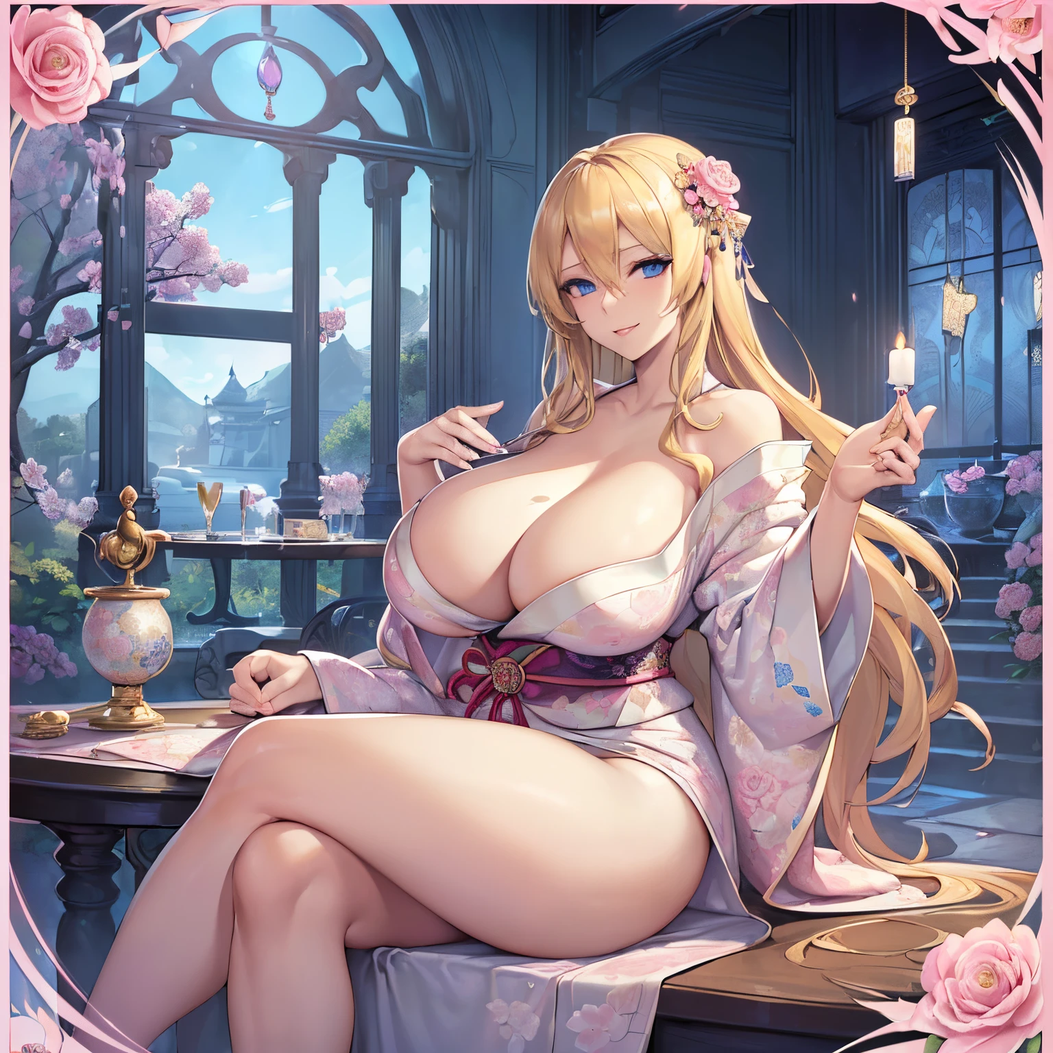 Masterpiece, Best Quality, (((Solo mature woman))), (((long blonde hair))),  (((wide hips))), (((beautiful blue eyes))), full lips, seductive smile, large chest, curvy, sexy, ((sitting at table with tarot cards)) (((wearing pink with white floral kimono))), [Janet], [Alice],  (((solo))), (((alone))), ((huge boobs)), (cleavage), candles, crystal ball