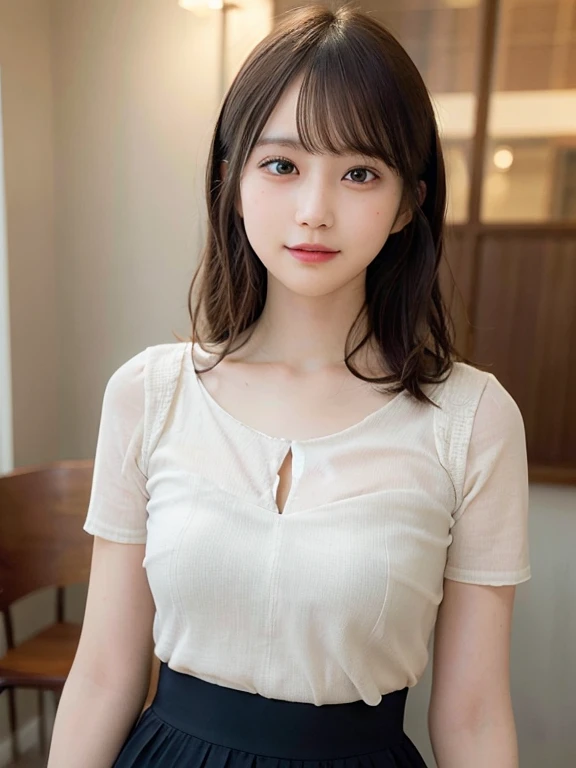 portrait of a japanese teen,(Best Quality,4K,8K,hight resolution,masutepiece:1.2),Ultra-detailed,(Realistic,Photorealistic,Photorealsitic:1.37),cute-style,Dribbling High Detail 8K,Studio Lighting - V 6, Sheer clothes,bra very, piercings,pleatedskirt,Random Faces, Random curly hair, bangss, bare-legged,A slight smil