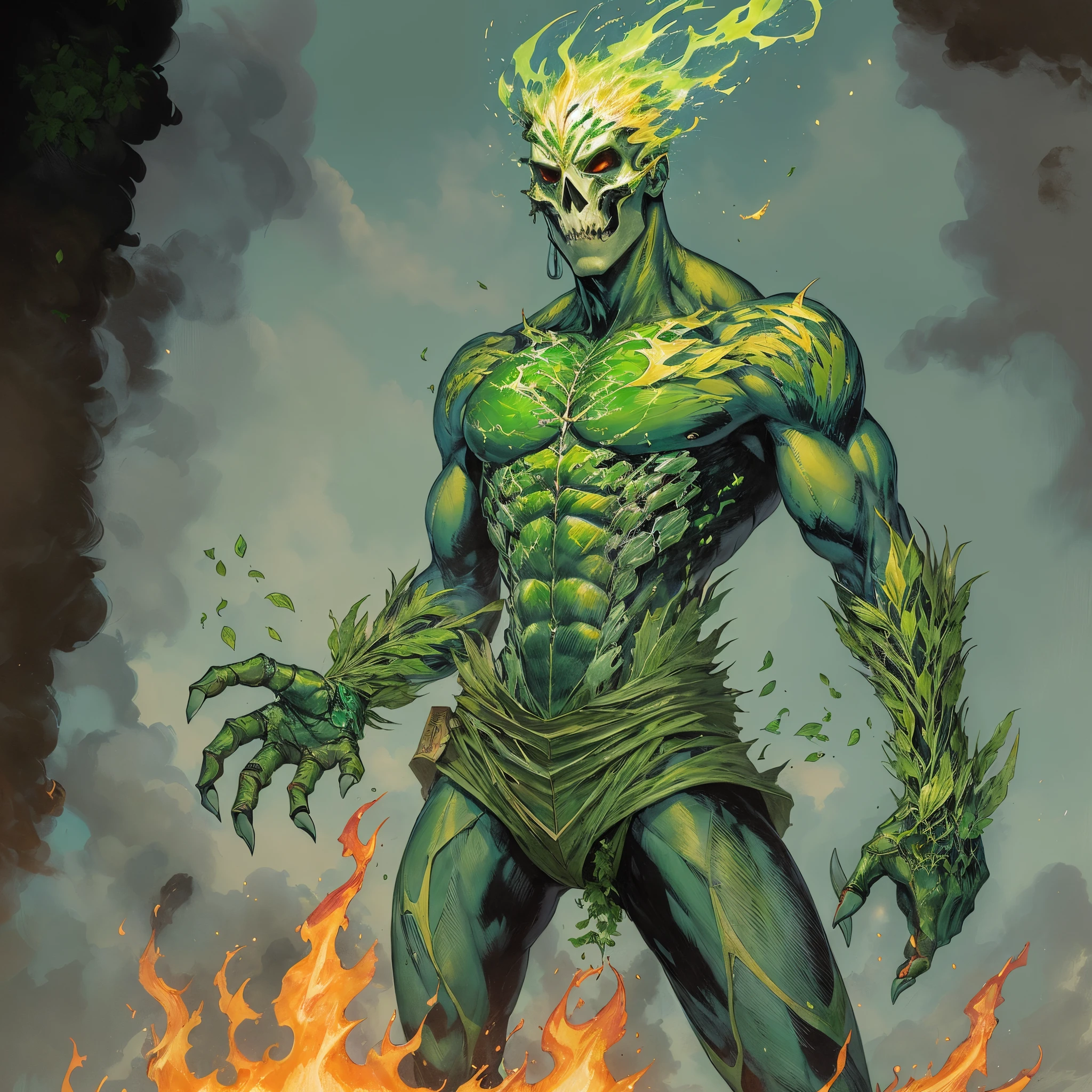 un primer plano de un hombre con fuego verde en la cabeza y torso, humano resplandeciente, Como se ilustra en Top Cow Comics, Brillando en poder, Sosteniendo fuego verde, Hoja de alma verde brillante,esqueleto,esqueleto humano,huesesos,deretirse,nuclear,(fuego verde),hueso