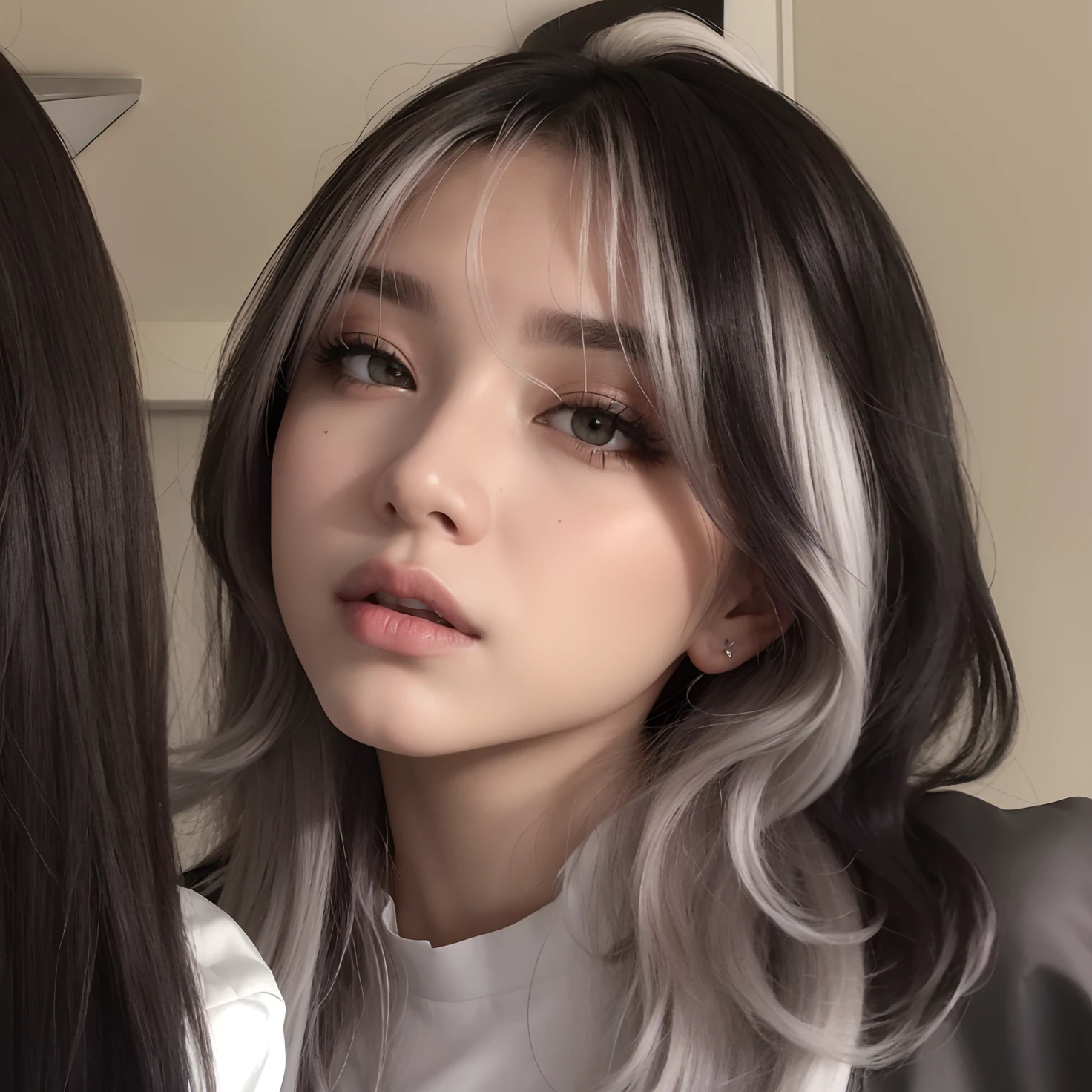 Un primer plano de una mujer con cabello largo y una camisa blanca, Chica Cabello Plateado, cruel korean goth girl, color gris, color plateado, Peinado blanco de corte hime, Cabello gris turbio, Cabello de dos colores, chica de cabello plateado, reflejos blancos en el cabello, cabello plateado que fluye, con cabello plateado, con cabello rizado negro y plateado, cabello gris blanco fluido