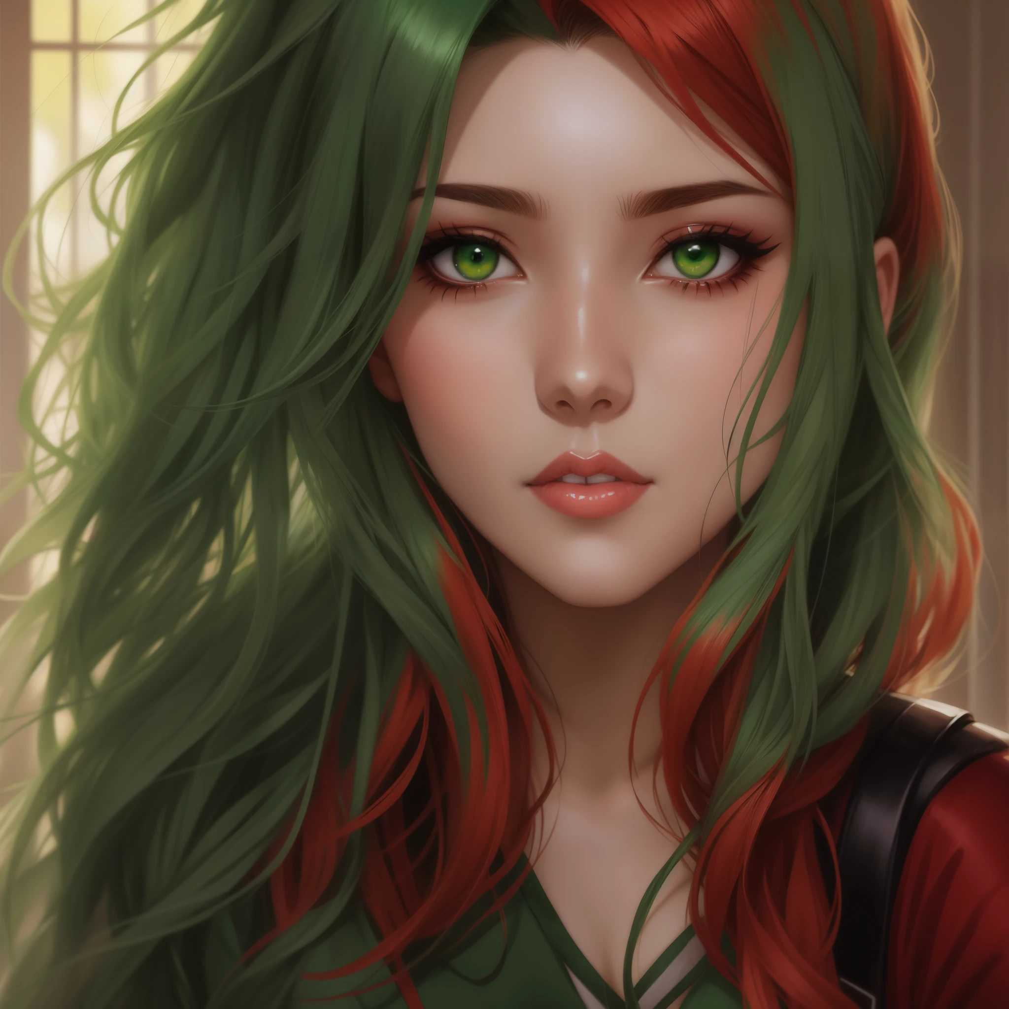 Anime girl with green and red hair and green eyes, Artgerm Portrait, Extrem detaillierter Artgerm, Artgerm. Hohe Detailgenauigkeit, ArtGerm auf ArtStation Pixiv, detailed portrait of anime girl, Detaillierte digitale Anime-Kunst, IG-Modell | Artgerm, Stanley Artgerm Lau, Stil Artgerm, Artgerm. Anime-Illustration