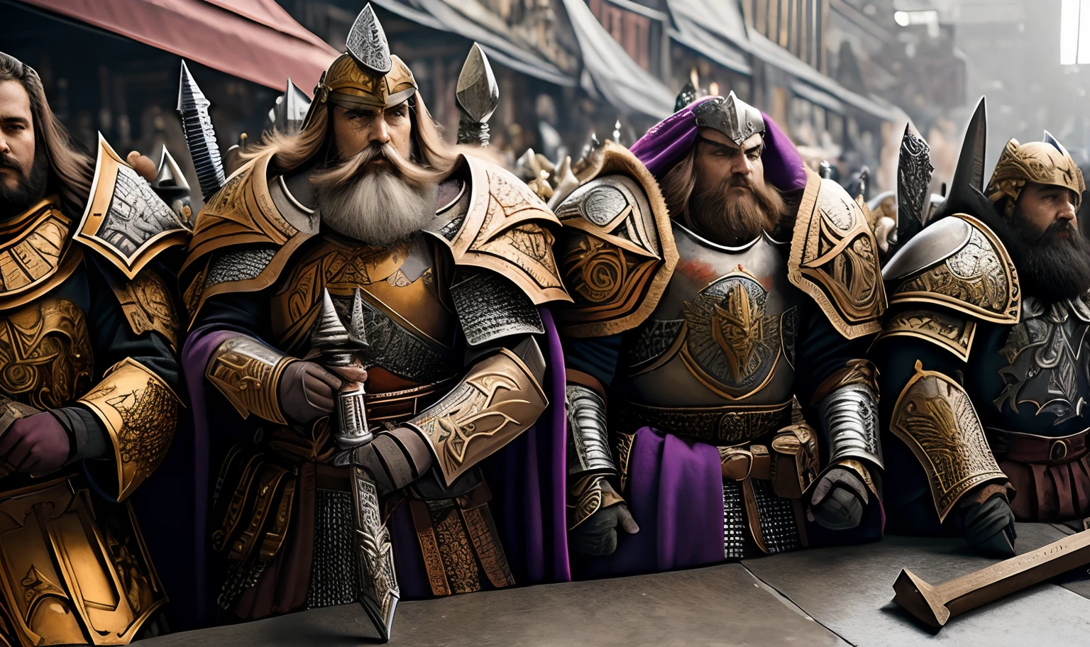 Hay muchas personas vestidas con armaduras y cascos de pie juntas, Estilo Warhammer Emperium, Enanos, Warhammer Fantasy Art, Warhammer 4 0K Fantasy, purple armor, Capas de la Tormenta vs Imperiales, Purple Robes, Martillo de guerra, Sobre una horda de oro, Warhammer Fantasy Battle, Guardias intrincados, Warhammer Fantasy, Huge armies, Background to the invading army, Arte de Warhammer