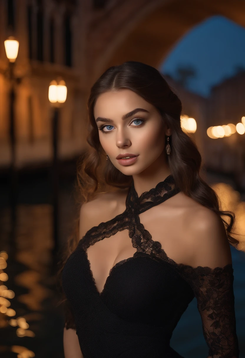 Photo of a 20-year-old ((Chica europea)), .RAW, beautiful woman, labios de fresa entreabiertos, Hoyuelos, mirada anhelante, (extra long wavy brown hair), ((Cara detallada)), ((Detailed facial features)), (Piel finamente detallada), Pale skin, (Escote profundo detallado vestido transparente profundo con escote en V),(hermoso pecho), ((tacones altos)), (Pose arrodillada en la calle),((Entorno de mega ciudad cyberpunk)), (cold colors), humid, humid, Reflexiones, (Obra maestra) (perfect ratio)(foto realista)(La mejor calidad) (Detallado) fotografiado con una EOS R5 de Canon, Lente de 50 mm, f/1,8, HDR, (8k) (papel tapiz) (cinematic lighting) (Dramatic lighting) (foco nítido) (intrincado),((Looking at camera)),(Disparo de vaquero), SENTADA EN SOLO BIKINI DIMINUTO(1,2), cuerpo entero.