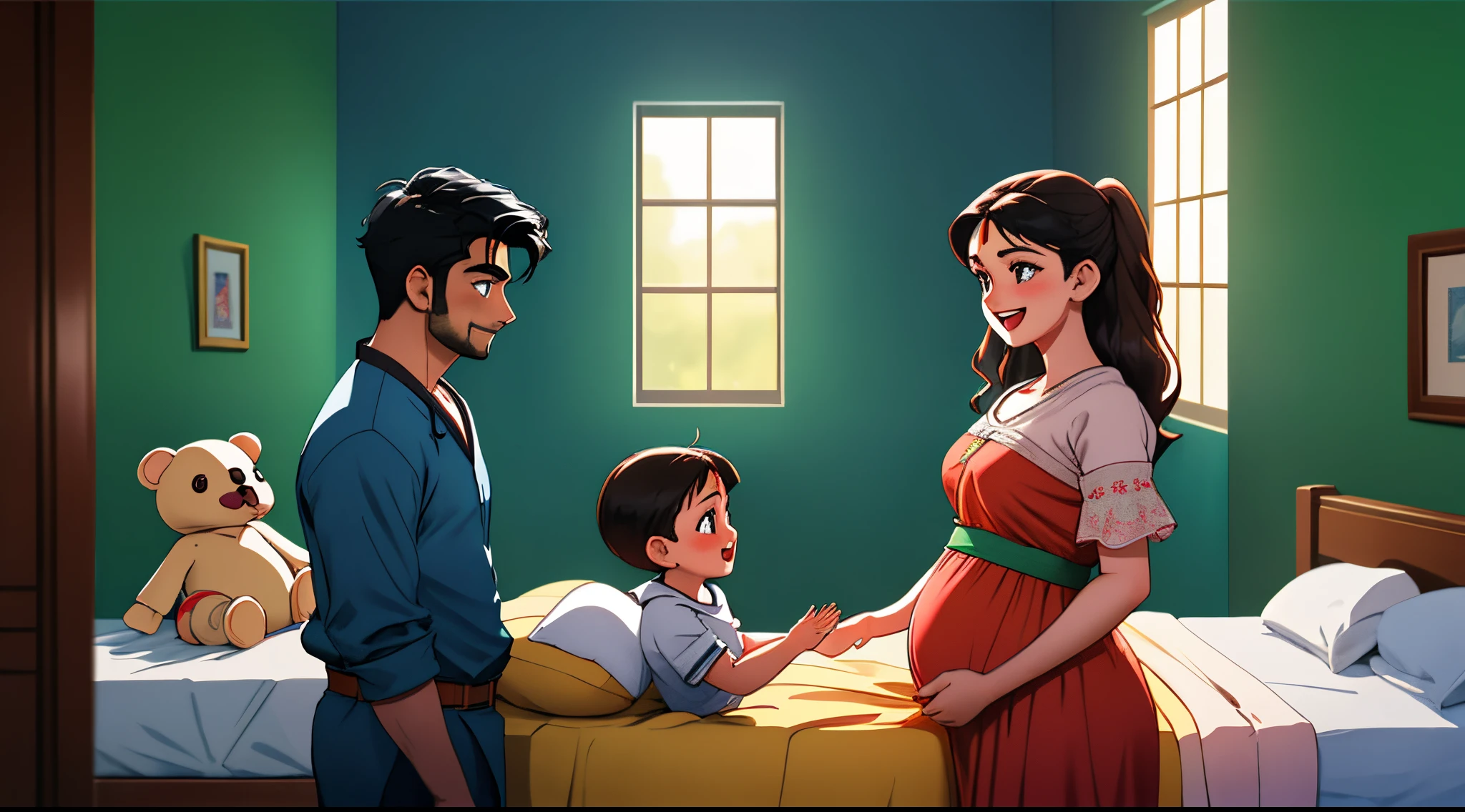 Scene 1: Khushiyon Ka Anjaam

[Interior: Riya and Arjun's home, morning. The room is filled with sunlight, and Riya is sitting on the bed, holding a pregnancy test in her hands.]

Riya: (excitedly) Arjun, dekho, yeh positive hai! Hum parents banne wale hain.

Arjun: (overjoyed) Sach? (hugs Riya) Yeh khabar sunne ka mera sapna poora hua!

Scene 2: Chhote Kadam

[Interior: Riya and Arjun's home, days later. Riya starts experiencing the initial signs of pregnancy.]

Riya: (smiling) Arjun, chhote kadam hai, lekin yeh mehsoos ho raha hai ki hamare beech kuch khaas hone wala hai.

Arjun: (placing a hand on her belly) Aur main yeh kadam har pal tere saath chalne ko tayyar hoon.

Scene 3: Khushi Ka Safar

[Interior: Riya and Arjun's home, weeks later. The couple goes for the first ultrasound.]

Doctor: (smiling) Congratulations! Aap dono parents banne wale hain. Yeh hai aapke hone wale bachche ki pehli tasveer.

Riya: (teary-eyed) Humara chhota sa baby.

Arjun: (kissing Riya's forehead) Yeh moment humesha yaad rahega.

Scene 4: Nazar Mein Bache Ka Saamna

[Interior: Baby's nursery, night. Riya and Arjun spend hours decorating the room, their excitement palpable.]

Riya: (arranging tiny clothes) Humare bacche ke liye sab kuch perfect hona chahiye.

Arjun: (holding a stuffed toy) Aur yeh hamara pehla tohfa.

(They share a dreamy gaze, envisioning the arrival of their little one.)

Scene 5: Anticipation of the First Kick

[Interior: Riya and Arjun's bedroom, night. Riya lies on the bed, Arjun gently placing his hand on her belly.]

Arjun: (whispering) Sun raha hai na, baby? Hum yeh intezaar kar rahe hain ki tum humein pehli baar mehsoos karoge.

Riya: (smiling) Shayad woh pal kareeb hai.

(They wait with bated breath, anticipating the first flutter of life.)

Scene 6: Sonography Surprise

[Interior: Doctor's clinic, day. Riya and Arjun eagerly await their routine checkup.]

Doctor: (smiling) Aaj aapko pata chalega ki aapke ghar mein ladka hoga ya ladki.

Riya: (excited) Hum ba