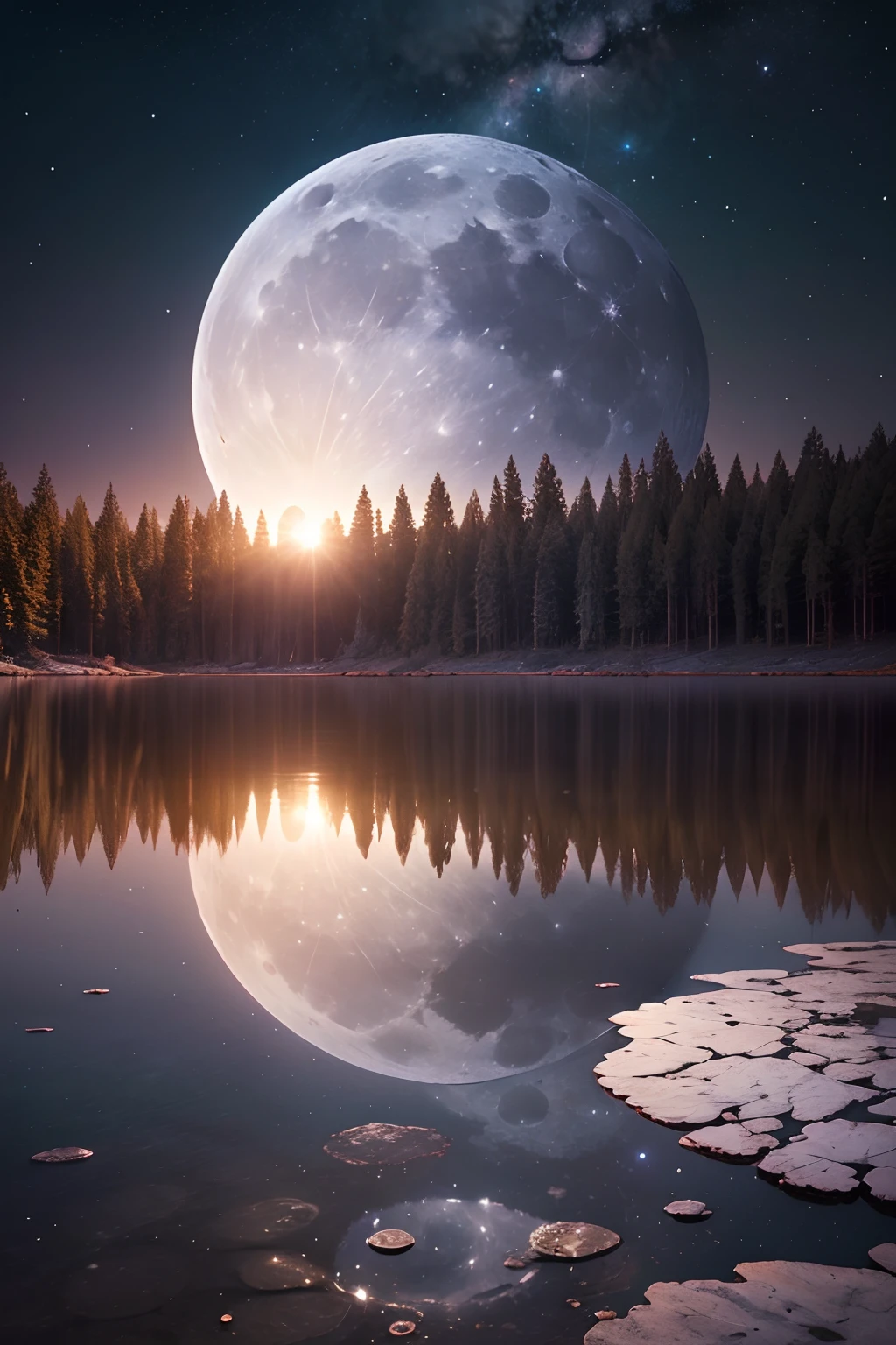 (full moon 1.8), Milky way, Starry sky, lake, reflection, (Photorealistic:1.4), Best Quality, 8K, masutepiece, Raw photo, wide-angle lens