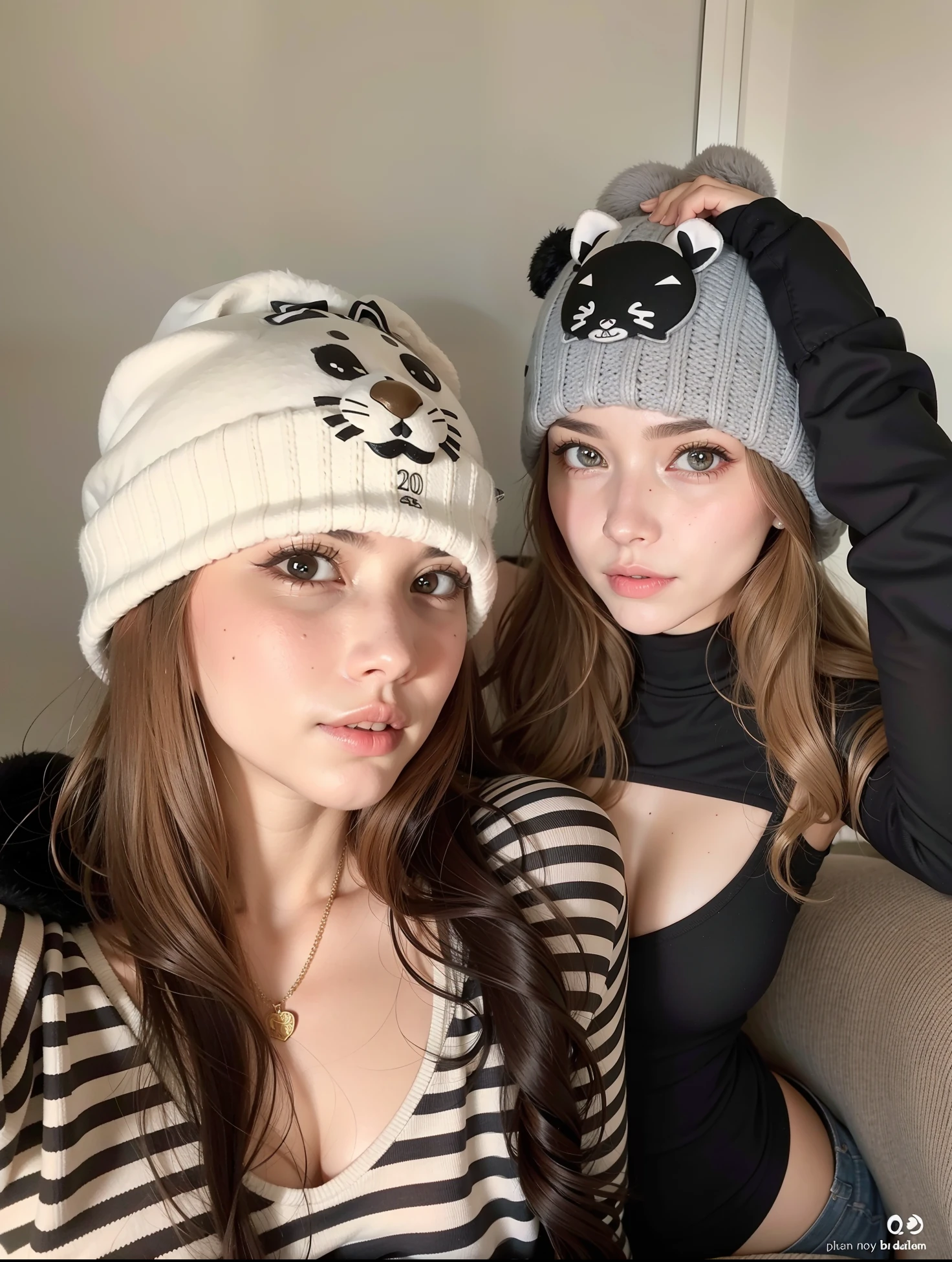 Two women with long hair and hats posing for a photo, cute hats, animal hat, wearing a cute hat, with black beanie on head, 2 0 2 0 moda, very detailed animal hat, Funny hat, e-, E - Meninaing a chocker and cute hat, foto de perfil, with a weird hat, muito realista, retrato de alta qualidade