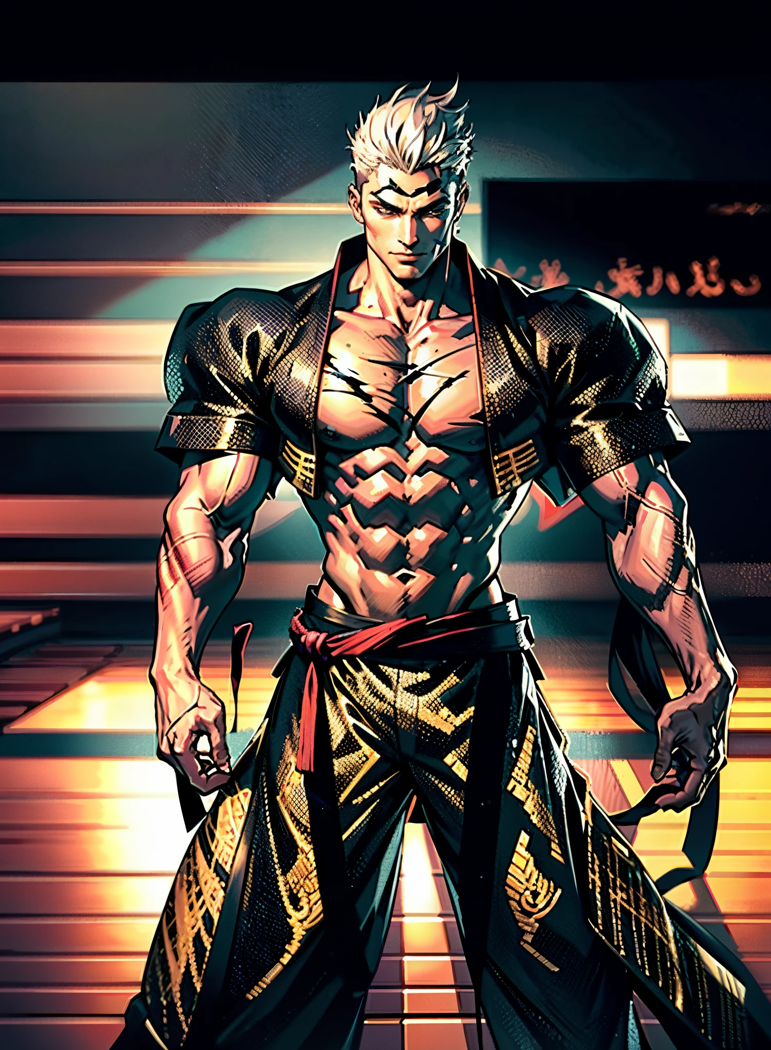 A young man, dense black-gold long hair, standing tall with upright hair, a majestic countenance, confident gaze, a scar under the eyes, a hearty smile, a fantasy-realistic tattered half-length martial arts outfit, short-sleeved, open-front robe revealing muscular physique, a coarse cloth belt around his waist, coarse trousers, towering and robust figure, he stands proudly, a glowing dark purple energy aura, the background depicts a black-and-white sky forming a yin-yang symbol, this character embodies a finely crafted fantasy-realistic martial artist in anime style, characterized by an exquisite and mature manga illustration art style, high definition, best quality, highres, ultra-detailed, ultra-fine painting, extremely delicate, professional, anatomically correct, symmetrical face, extremely detailed eyes and face, high quality eyes, creativity, RAW photo, UHD, 8k, Natural light, cinematic lighting, masterpiece-anatomy-perfect, masterpiece:1.5