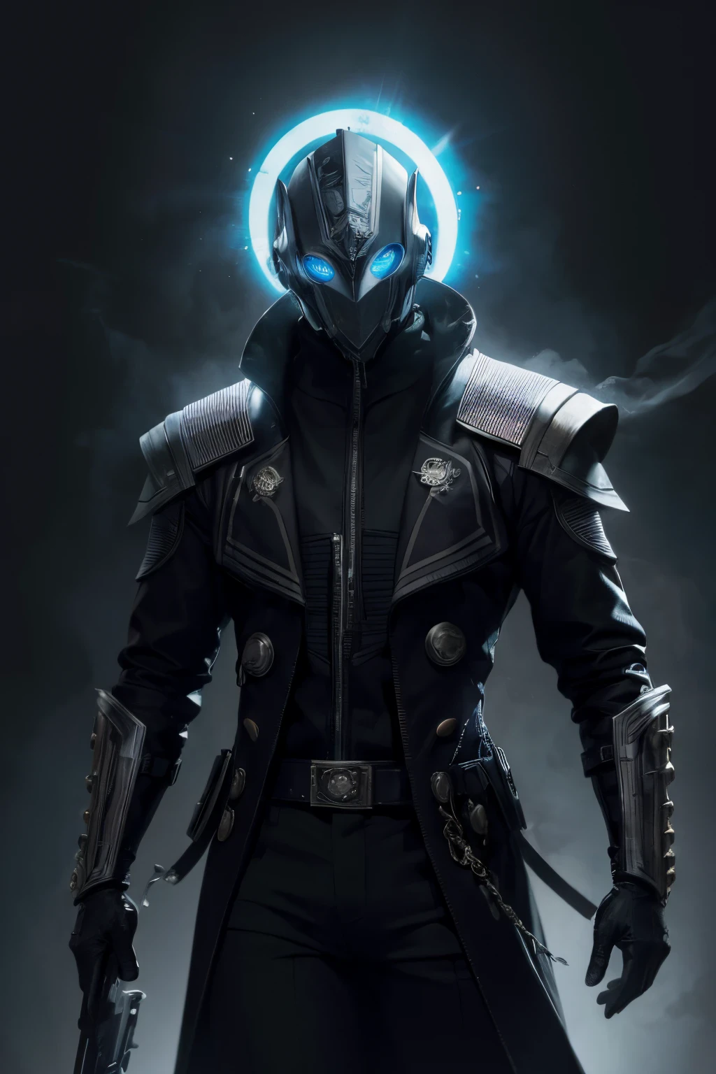 Man in unique mask with cosmic eyes and futuristic overcoat, pose triunfante visto de baixo para cima, be superior on simple smoky background, futuristic mask, estilo cyberpunk, Foto realista, 8k, 4k, extreme res, ultra high-resolution, dynamic lighting, conquistador de mundos sobre uma pilha de morte