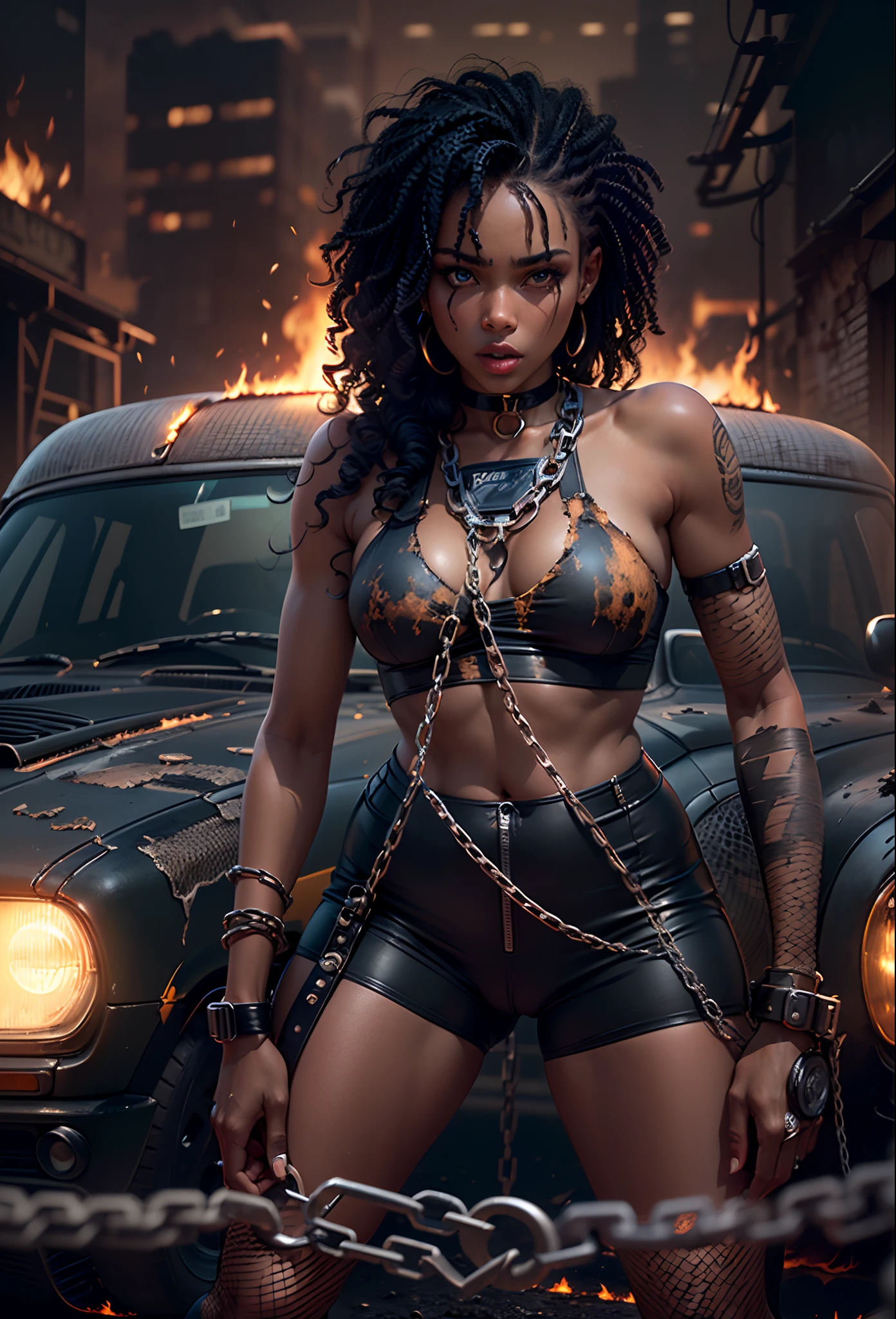 ((21-year-old))), black girl, (((light skin))), (((full body pose))), (((long curly black hair))), (((wearing tight ripped clothing, wrapped in chains, boots, guns))), (((black fishnet bodysuit))), (((submissive))), (((metal choker))), (((post apocalyptic scene, old cars, fire, death))), dark fantasy, Rich, Deep Colours, (intricate details:0.9), (HDR, hyper-detailing:1.2), (natural skin textures, hyper realisitc, glistening skin, soft light, Sharp),