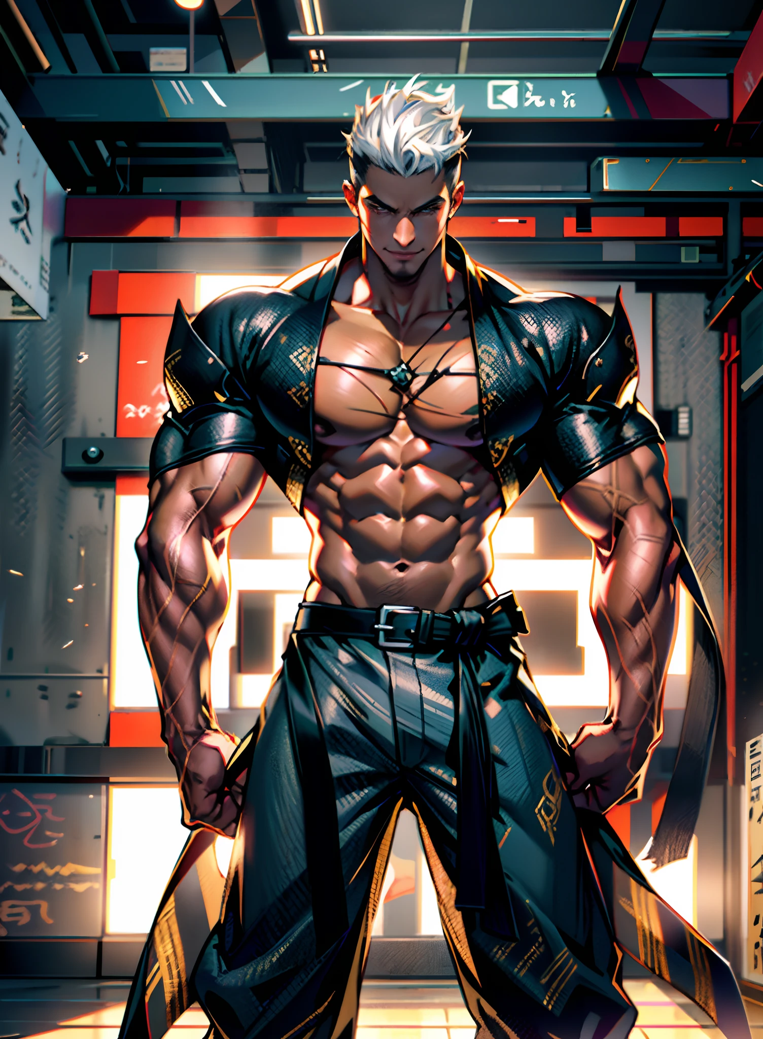 A young man, dense black-gold long hair, standing tall with upright hair, a majestic countenance, confident gaze, a scar under the eyes, a hearty smile, a fantasy-realistic tattered half-length martial arts outfit, short-sleeved, open-front robe revealing muscular physique, a coarse cloth belt around his waist, coarse trousers, towering and robust figure, he stands proudly, a glowing dark purple energy aura, the background depicts a black-and-white sky forming a yin-yang symbol, this character embodies a finely crafted fantasy-realistic martial artist in anime style, characterized by an exquisite and mature manga illustration art style, high definition, best quality, highres, ultra-detailed, ultra-fine painting, extremely delicate, professional, anatomically correct, symmetrical face, extremely detailed eyes and face, high quality eyes, creativity, RAW photo, UHD, 8k, Natural light, cinematic lighting, masterpiece-anatomy-perfect, masterpiece:1.5
